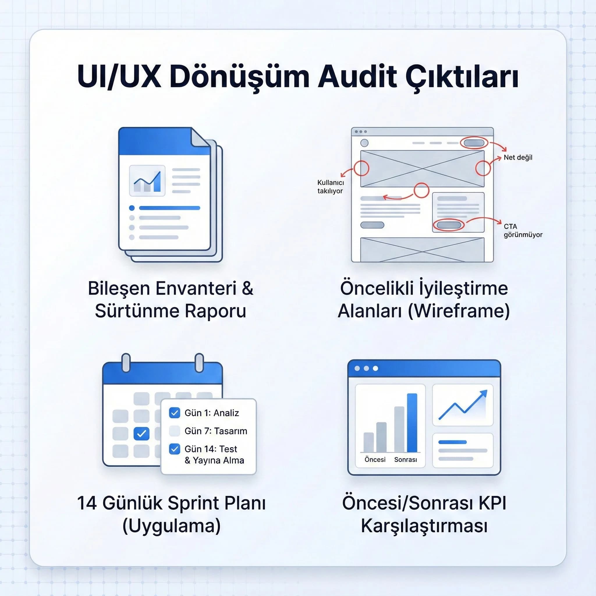 UI/UX dönüşüm audit deliverables kanıt kartı otel bağlamı