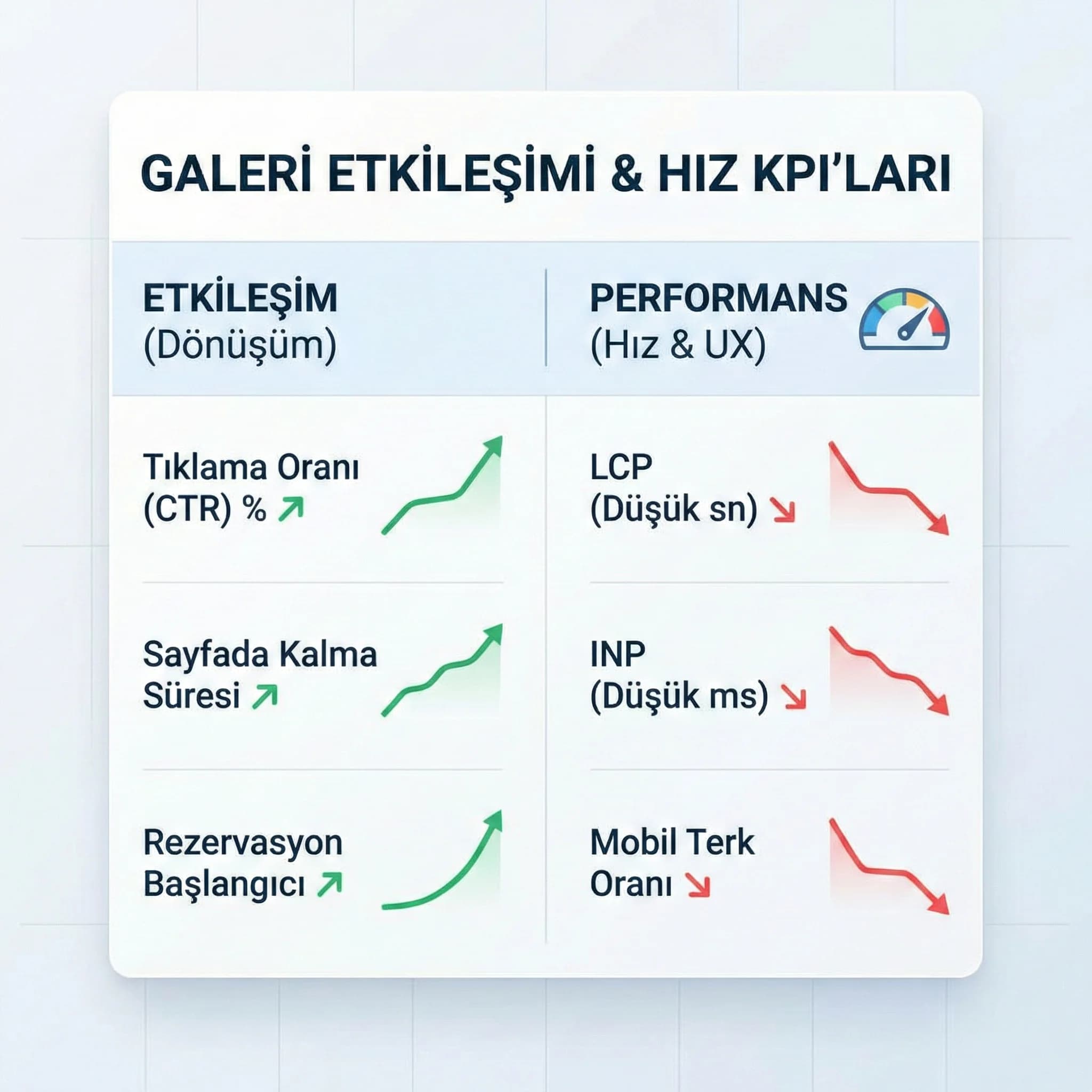Galeri etkileşimi ve hız KPI özetini sunan skor kart