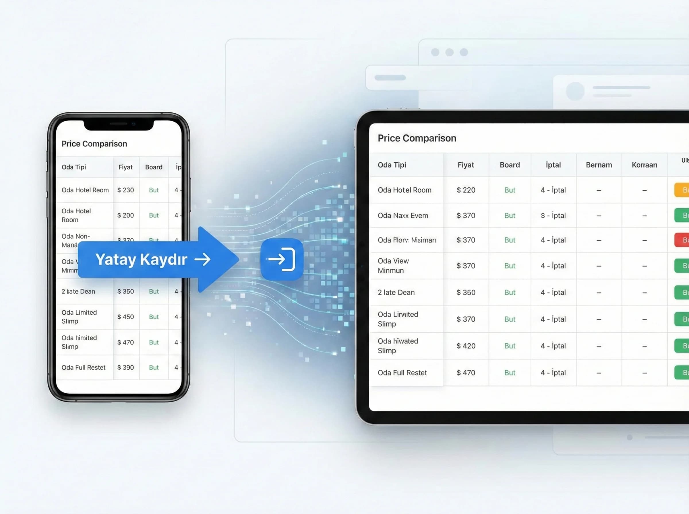 Tablo bazlı karşılaştırma UX bölüm geçiş ayırıcı görsel