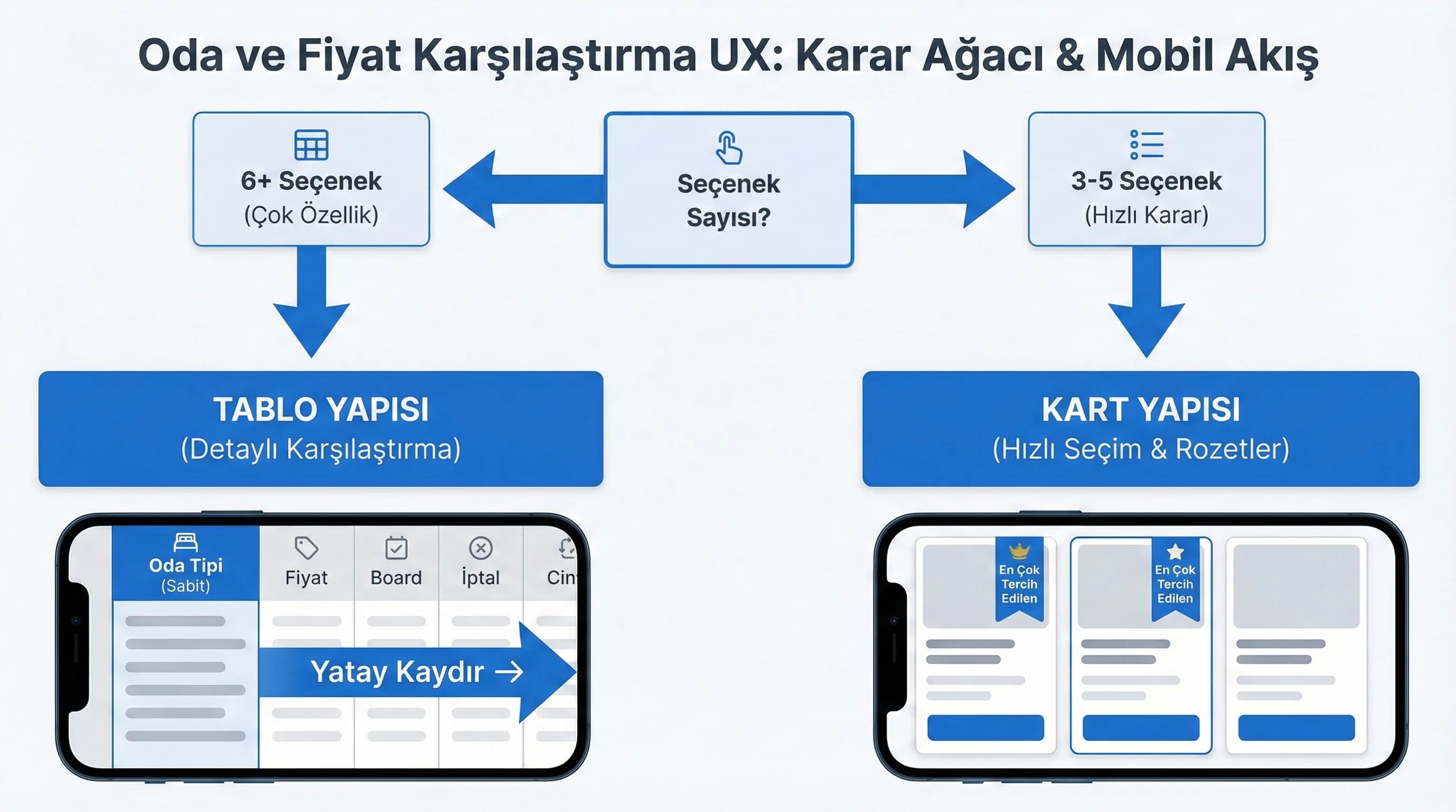 Tablo-kart-paket karar ağacı ve mobil yatay scroll diyagramı