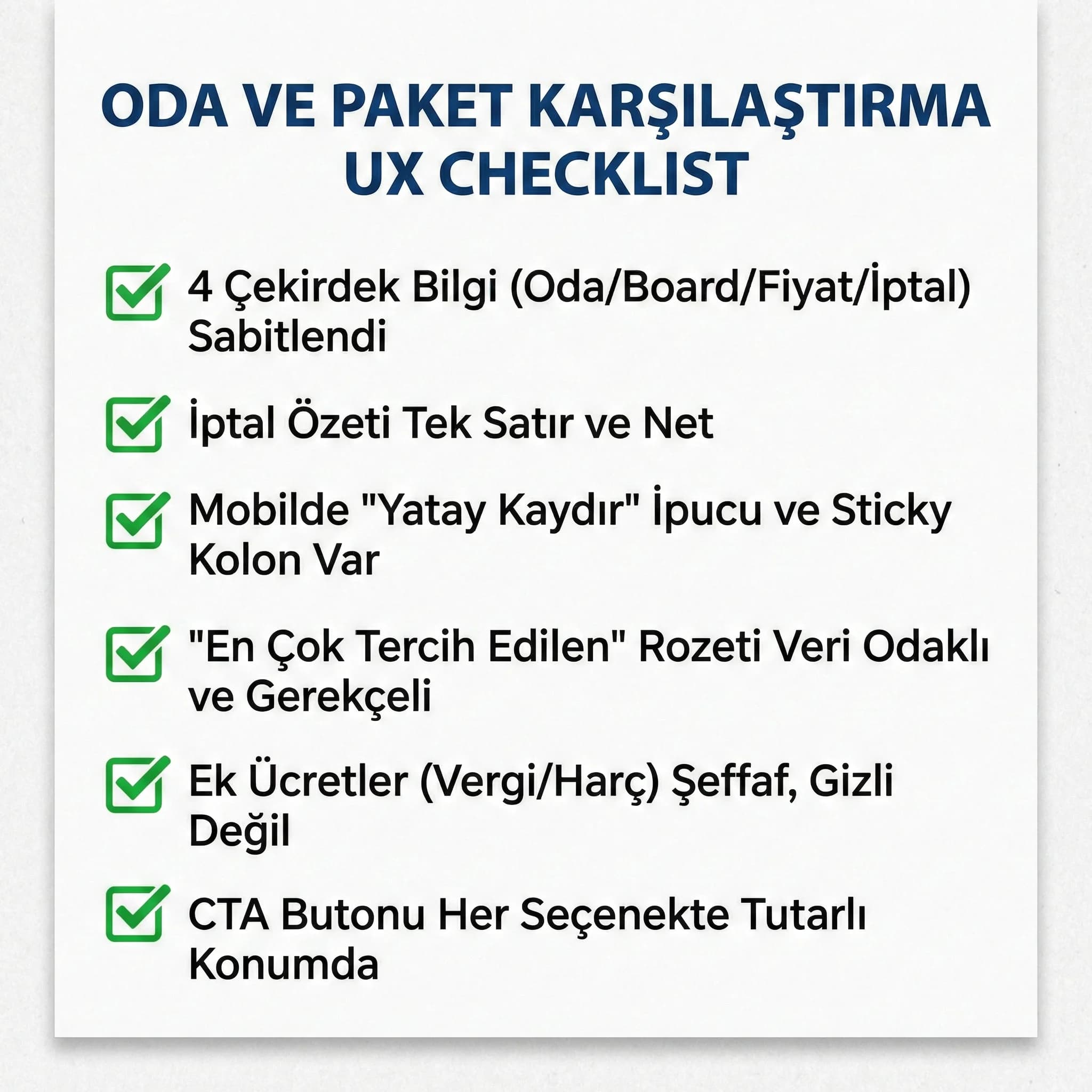 Oda ve paket karşılaştırma UX checklist kartı otel bağlamı