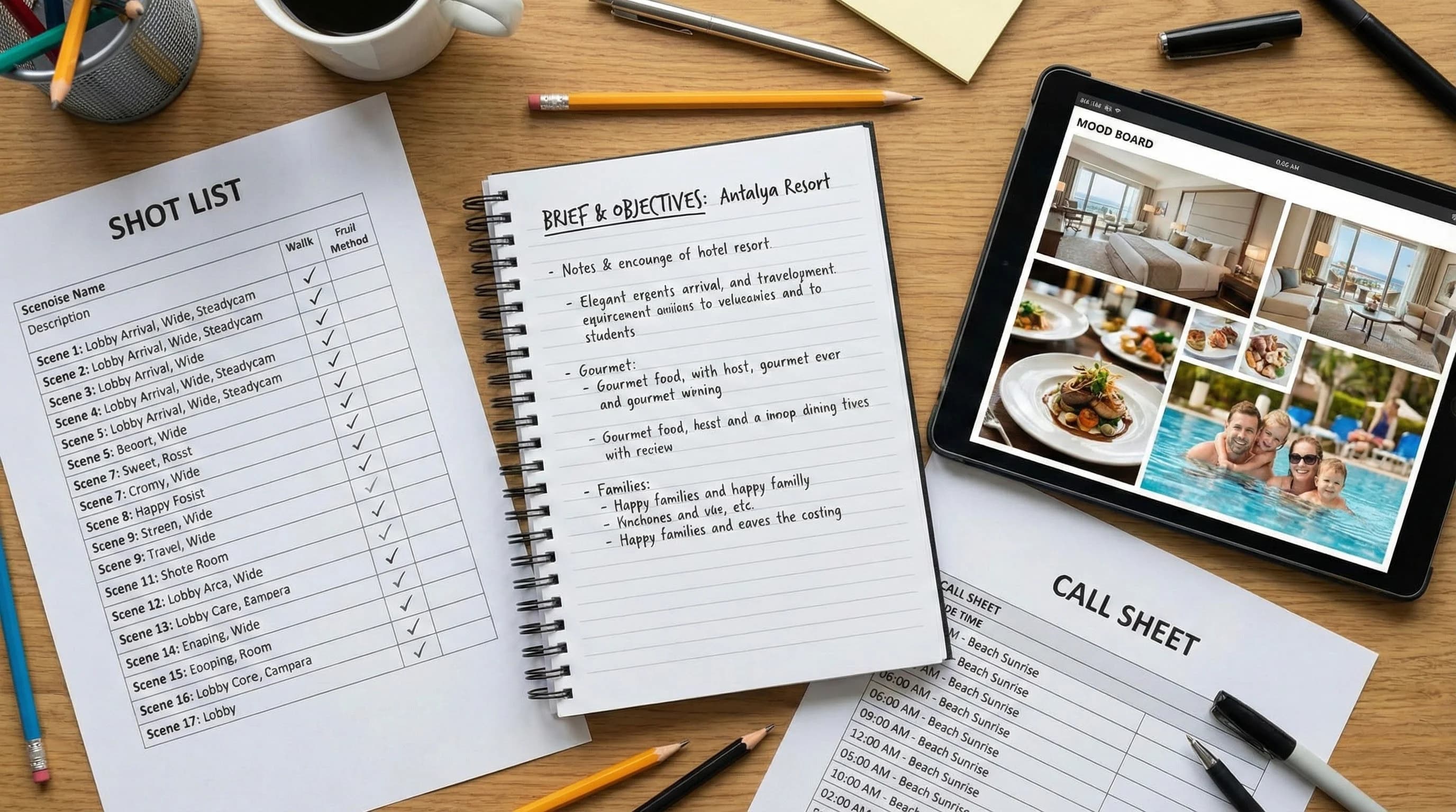 Hotel promo video planning sürecini özetleyen plan masası görseli