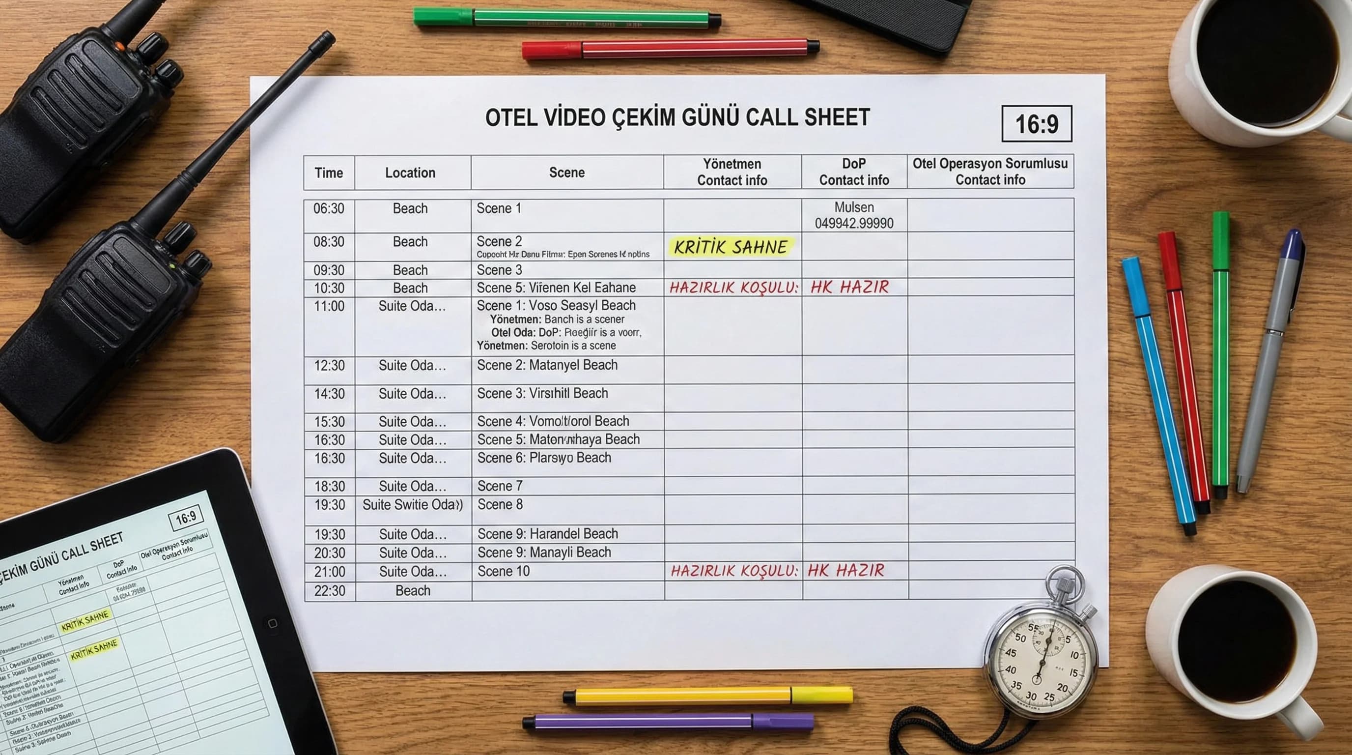 Call sheet ve rol dağılımını gösteren çekim günü yönetim görseli