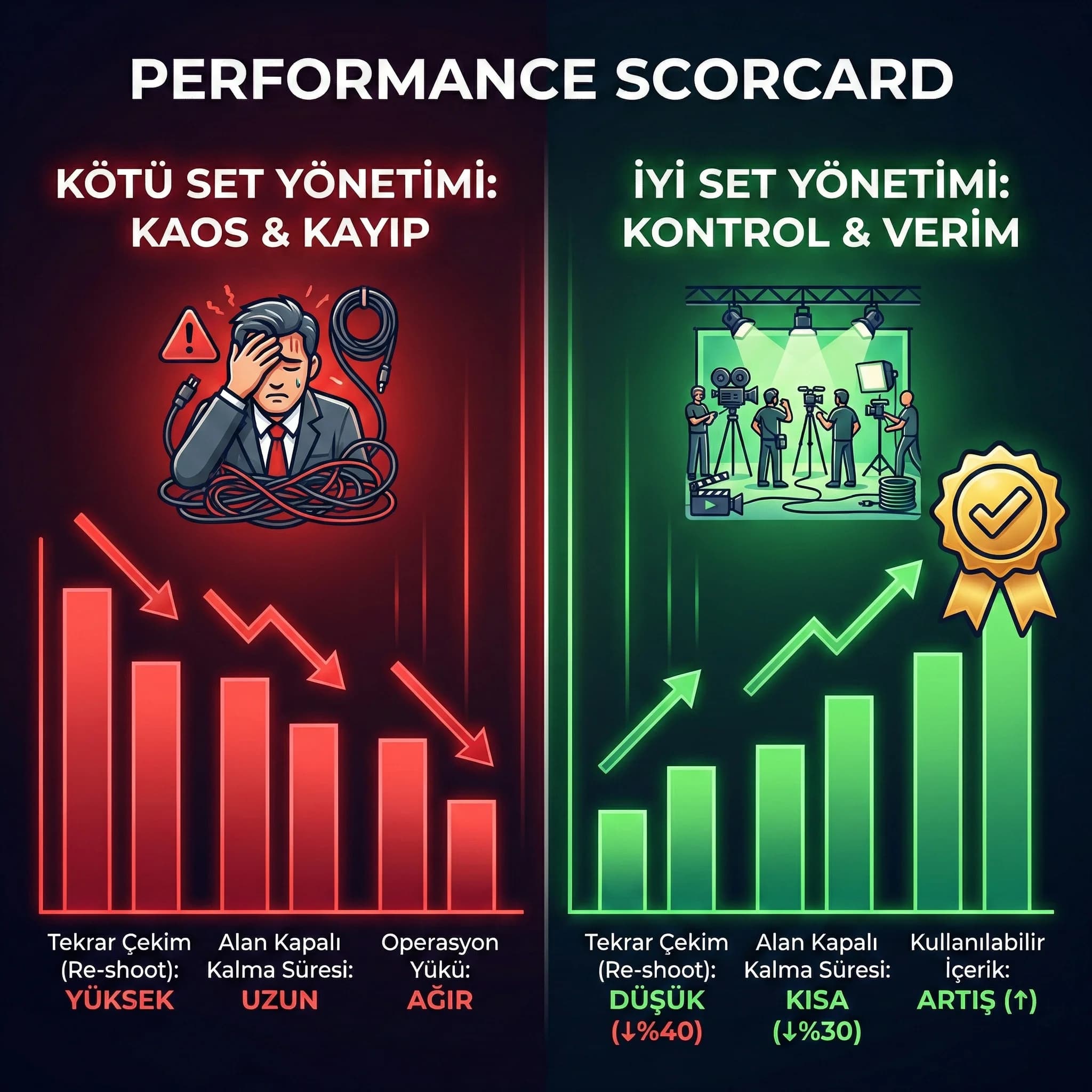 İyi set yönetiminin tekrar çekim ve kapalı alan süresine etkisi kartı