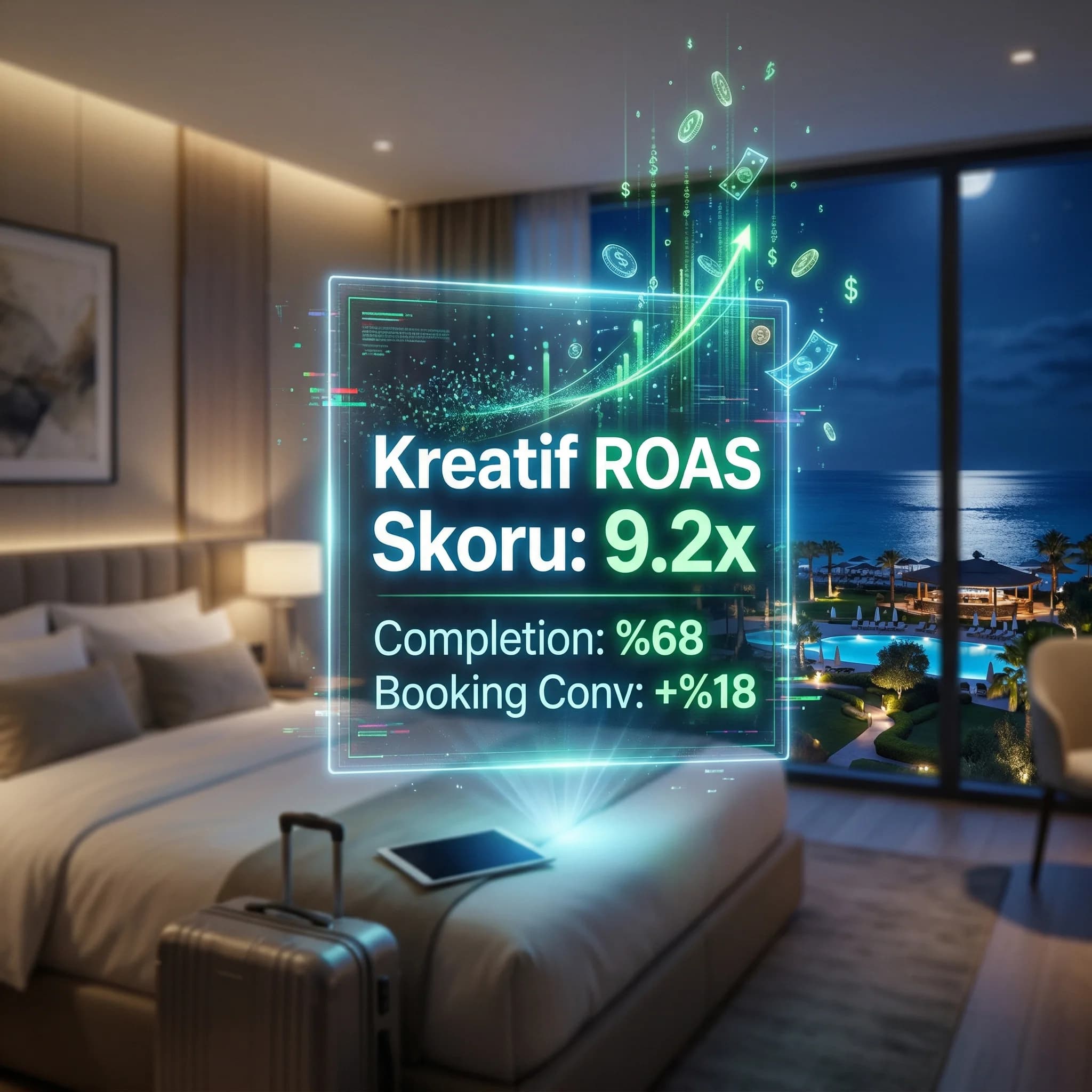 ROAS completion ve rezervasyon etkisini birlikte gösteren KPI kart görseli
