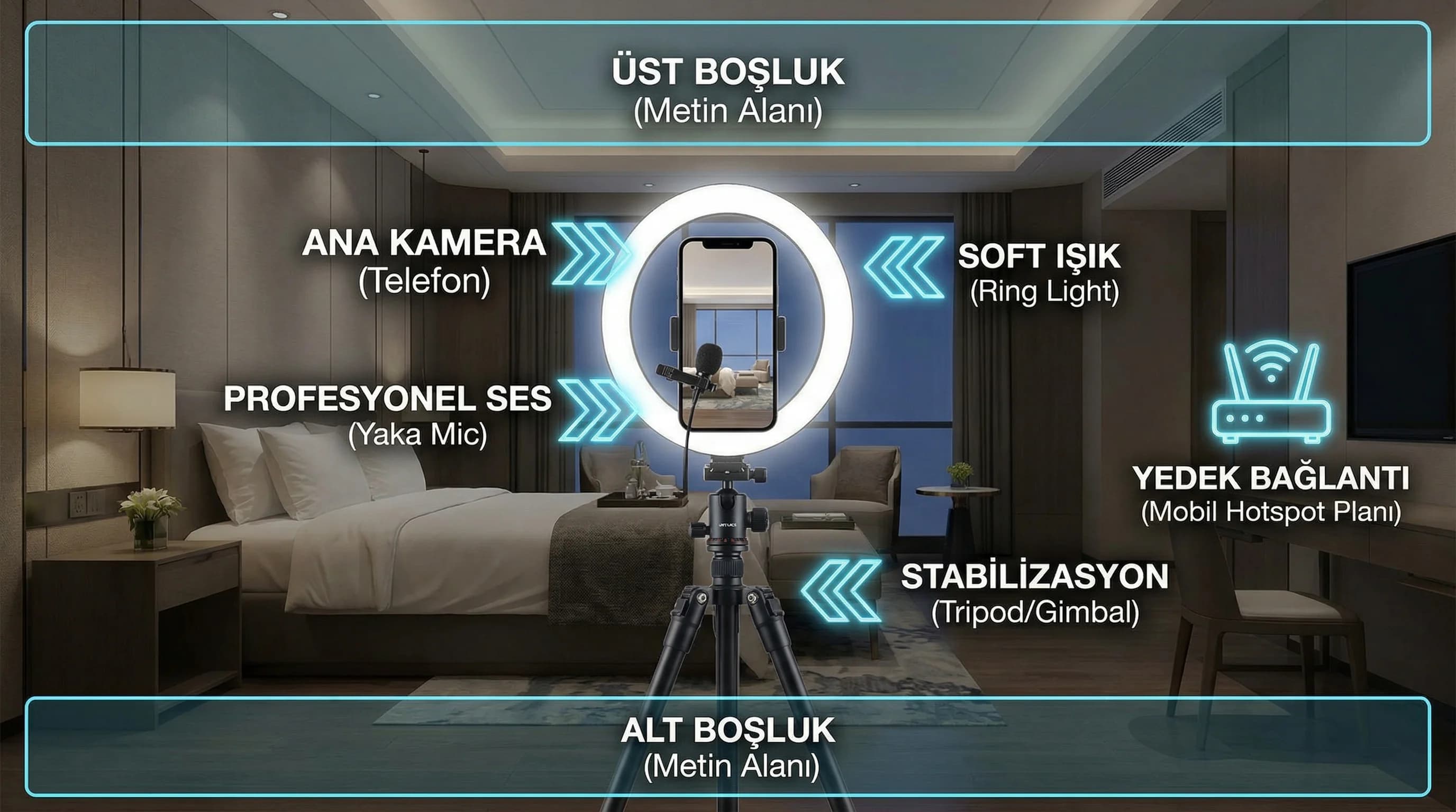 Live set-up: telefon mikrofon ışık ve yedek internet diyagramı
