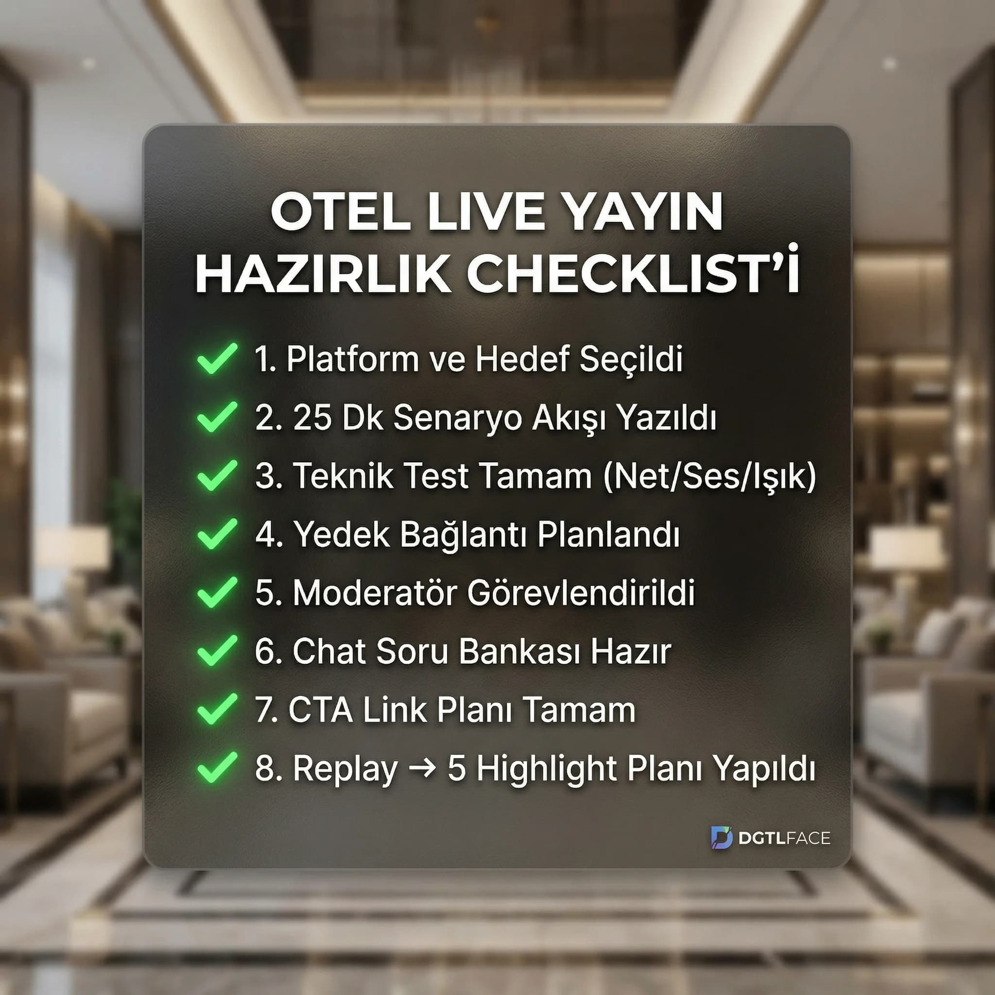 Live yayın hazırlık checklist’i senaryo teknik ve CTA kartı