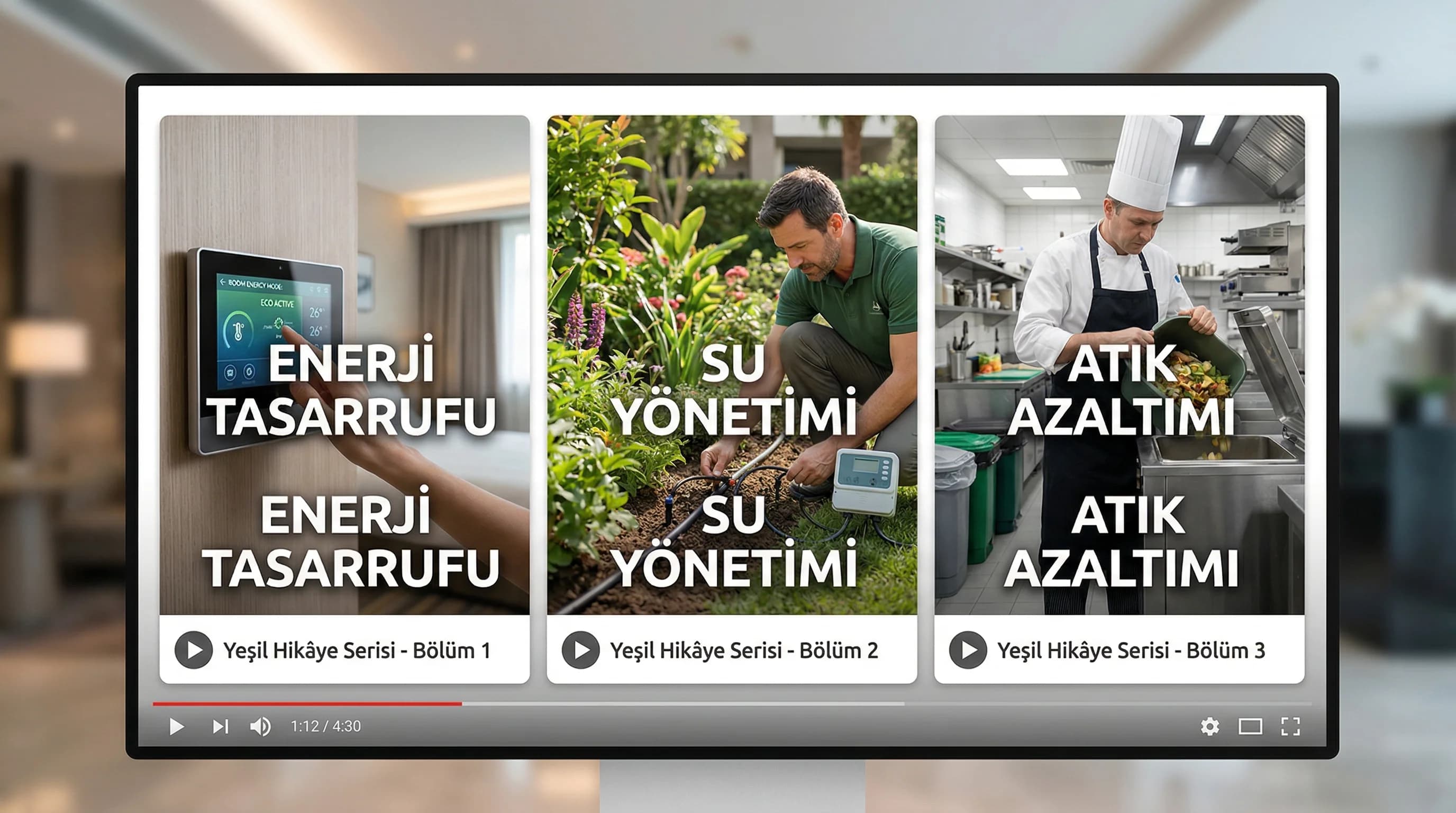 Enerji su atık sahneleriyle yeşil anlatı, otel bağlamı görseli