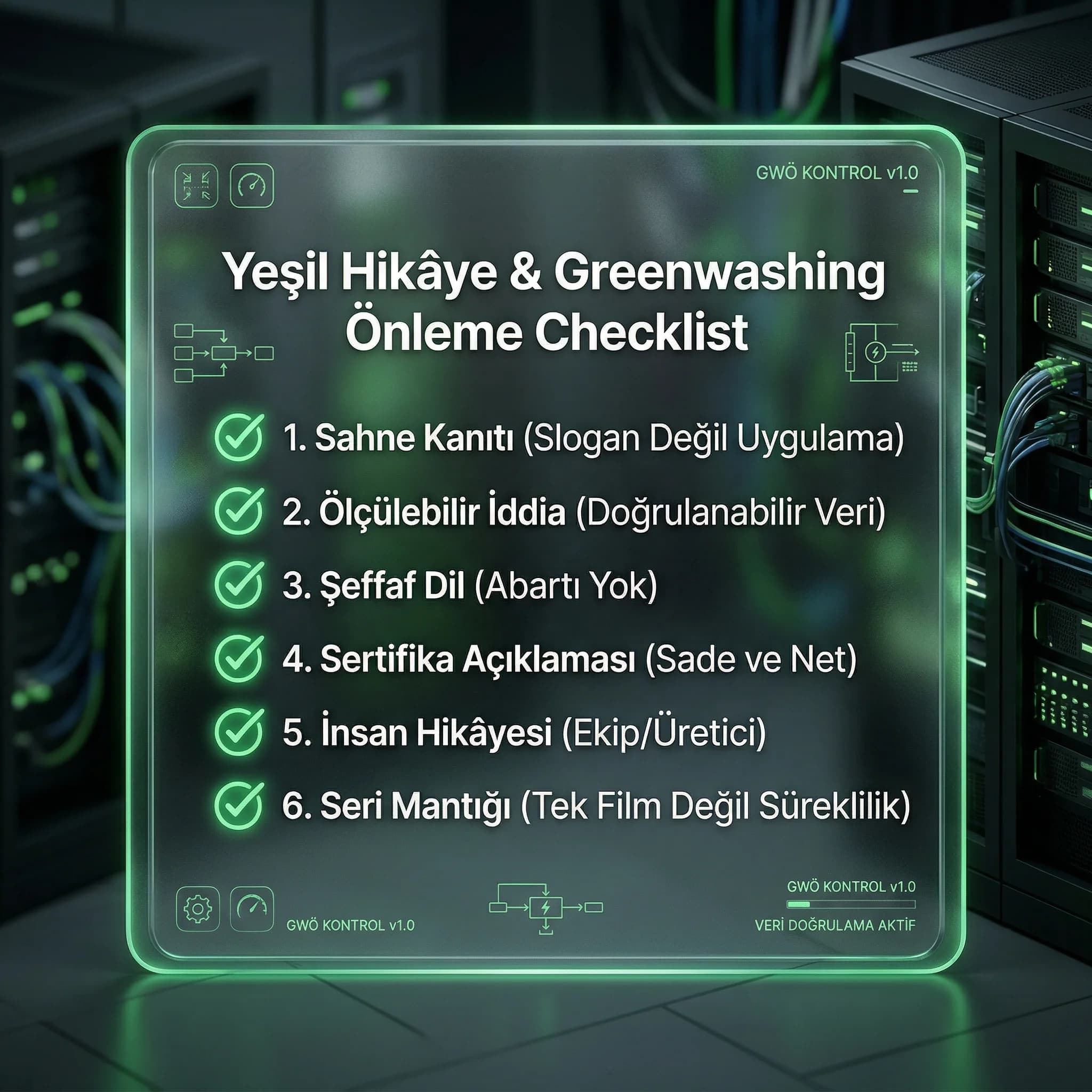 Greenwashing önleme ve yeşil sahne seçimi checklist kartı