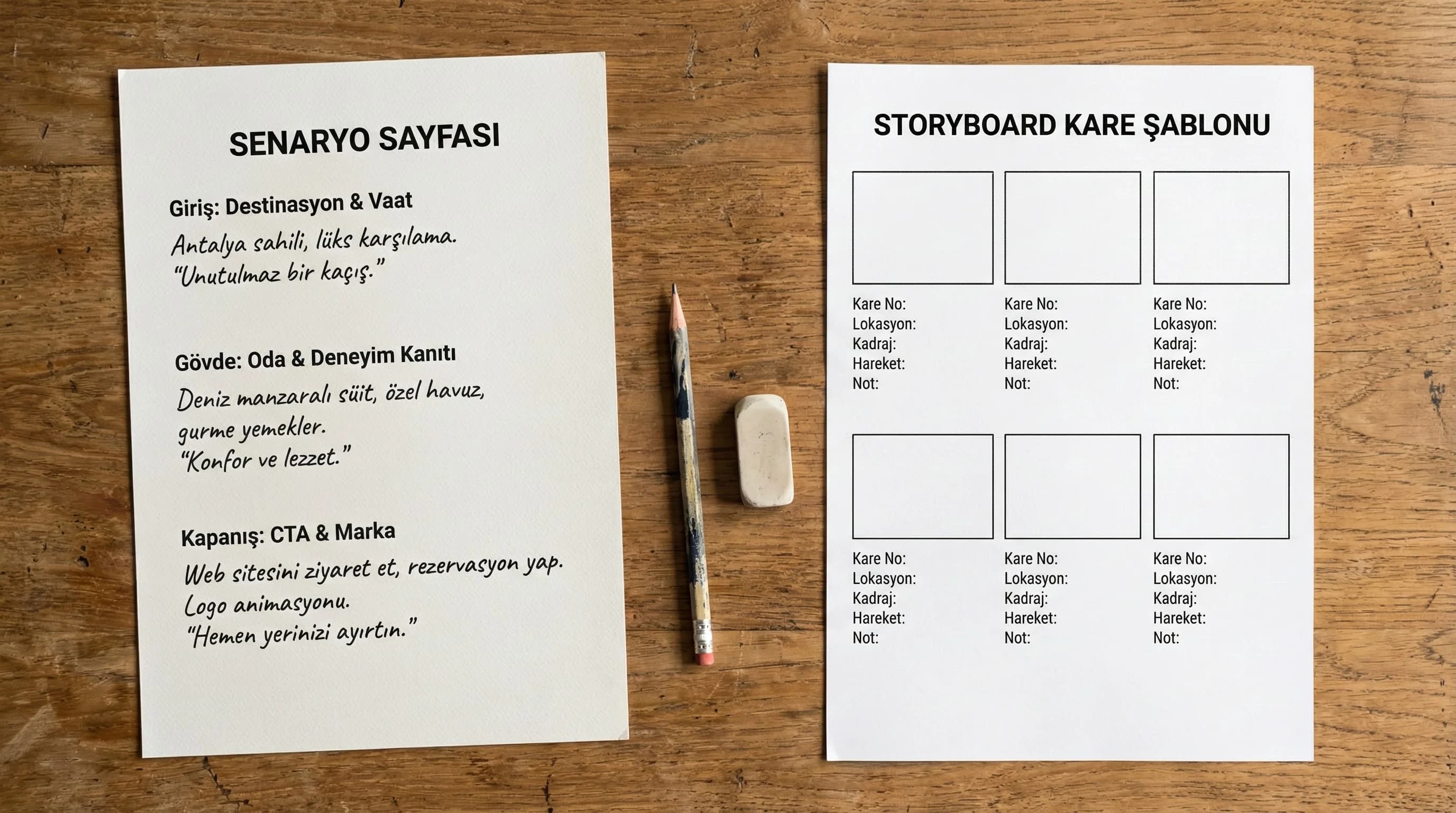 Senaryo sayfası ve storyboard kare şablonunu gösteren context görseli