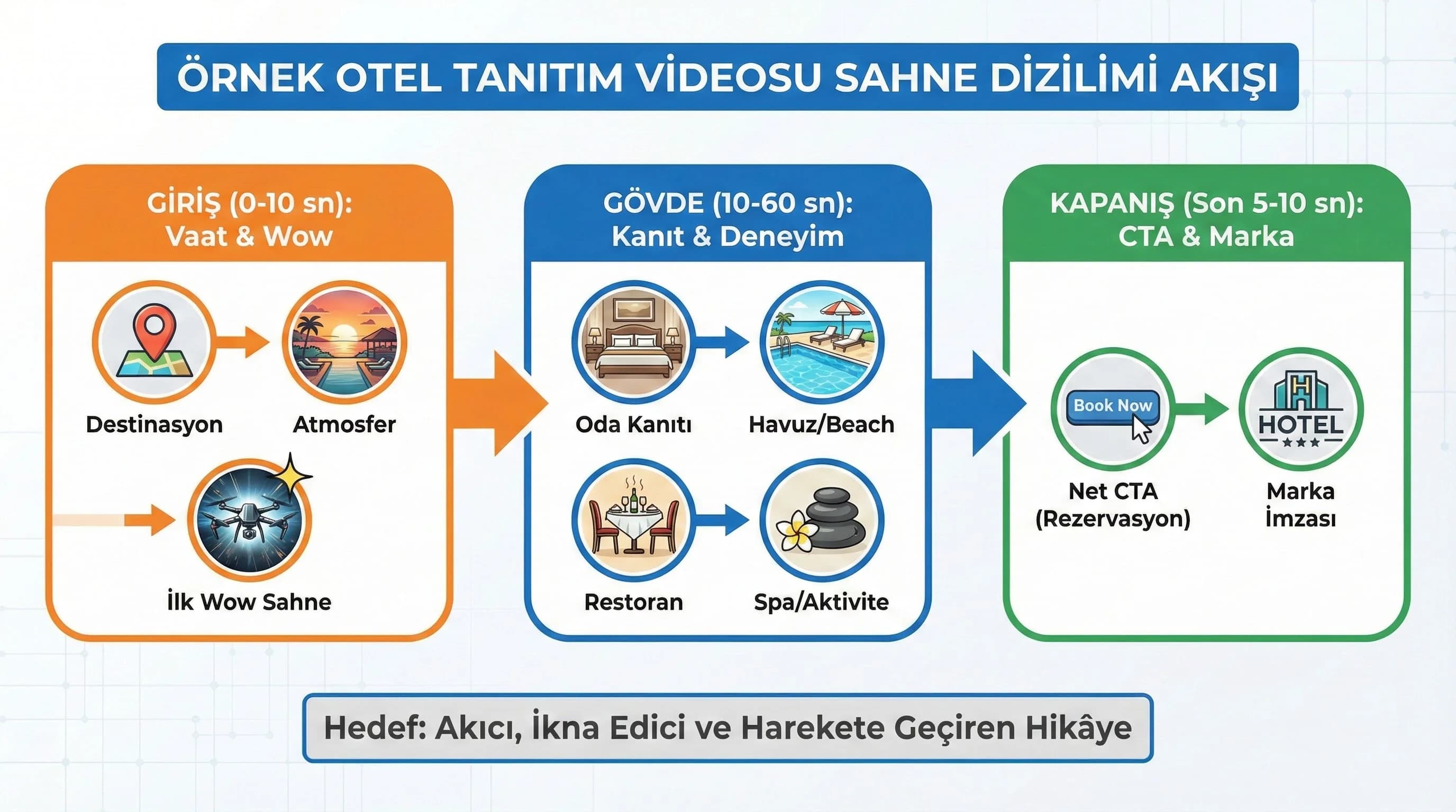 Otel videosu sahne dizilimi giriş-gövde-kapanış diyagramı