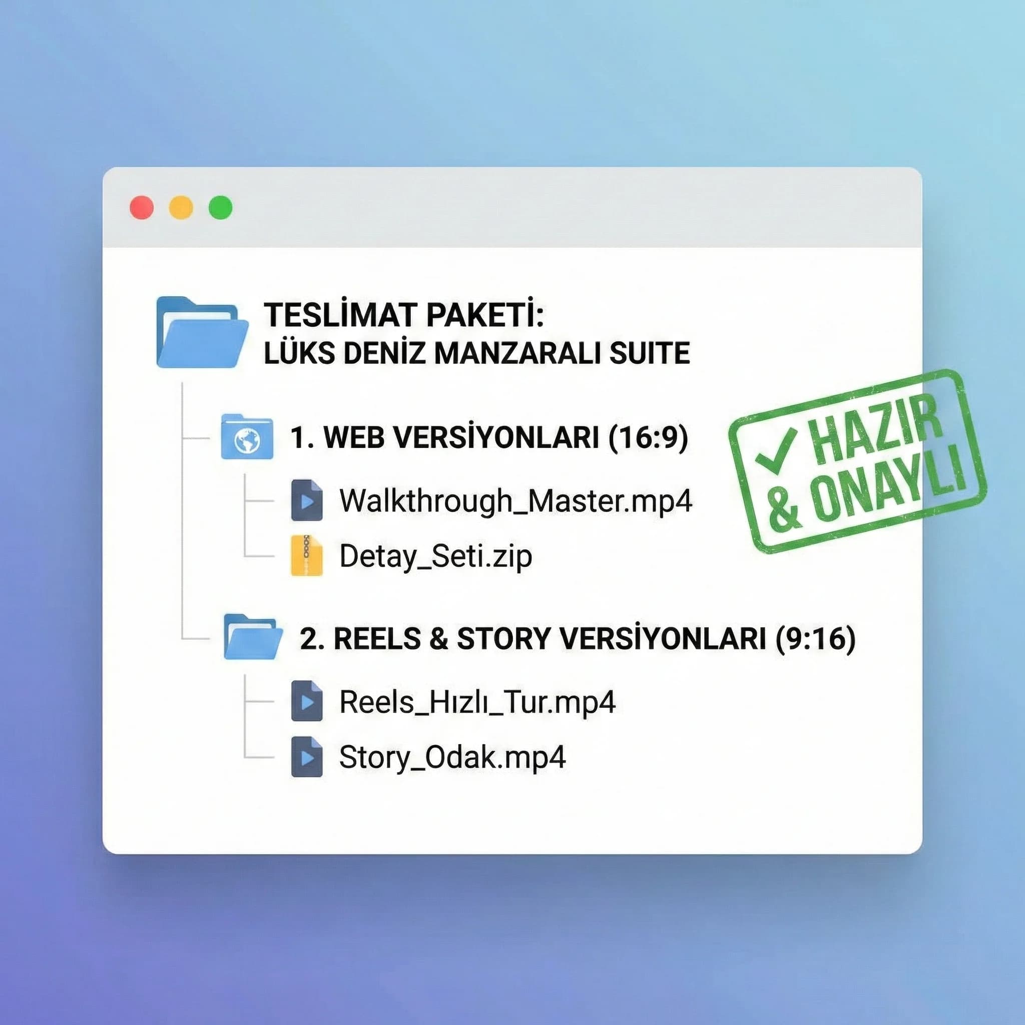 Web ve Reels için oda video teslim paketini gösteren proof kartı