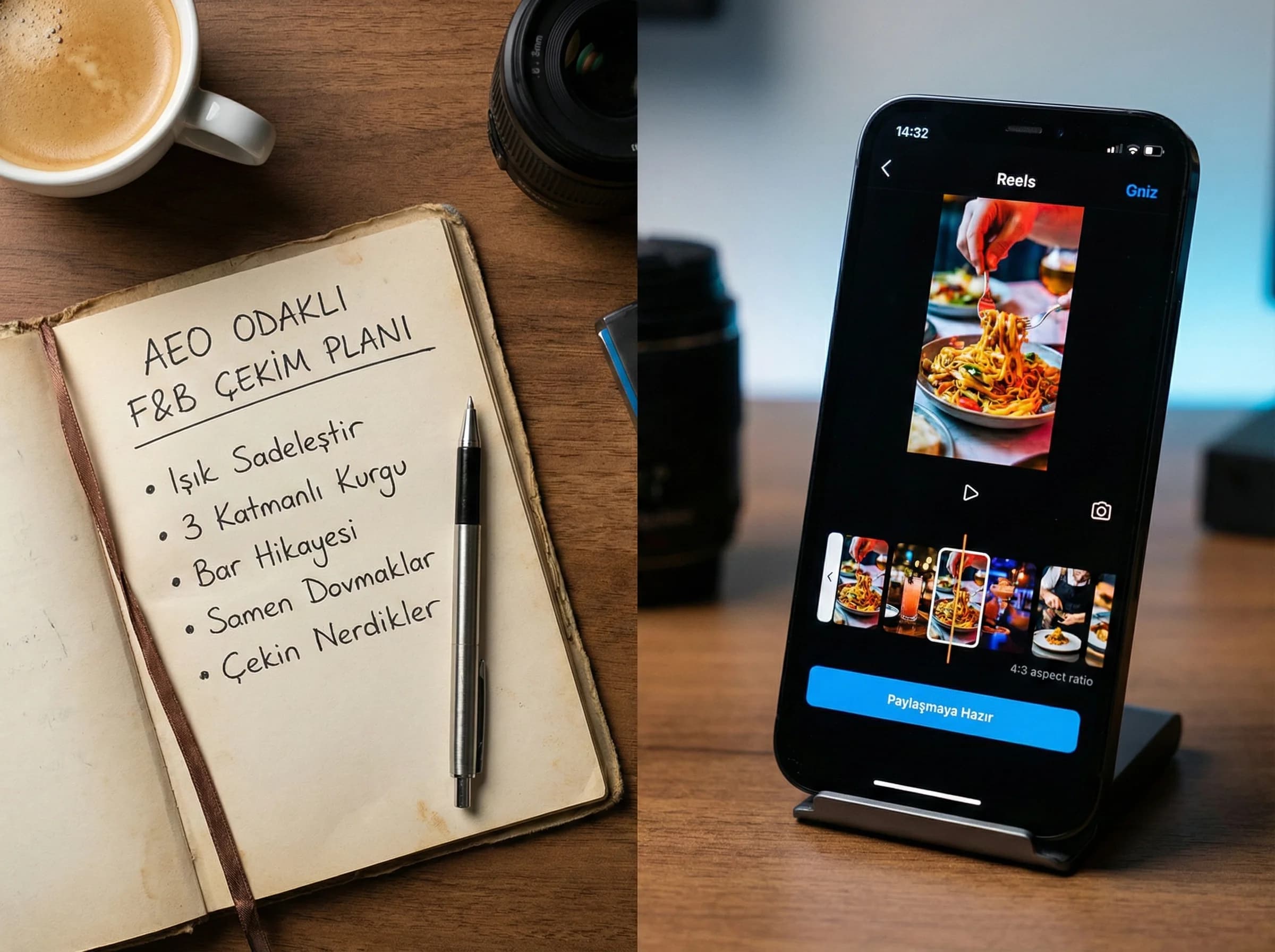 Otel restoran ve bar çekimi için ışık styling açı checklist kartı