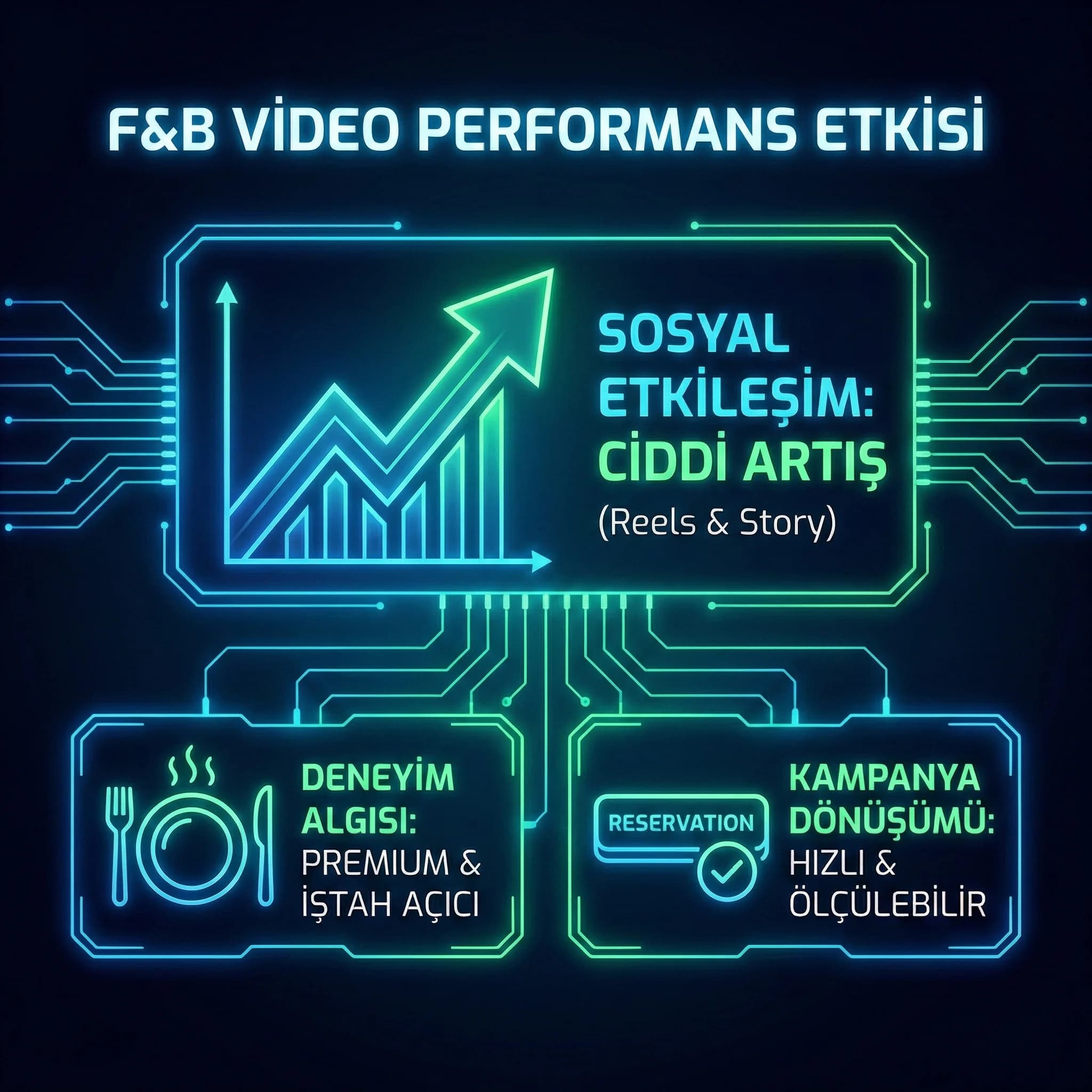 F&B videolarının etkileşim ve deneyim algısına etkisini özetleyen KPI kartı