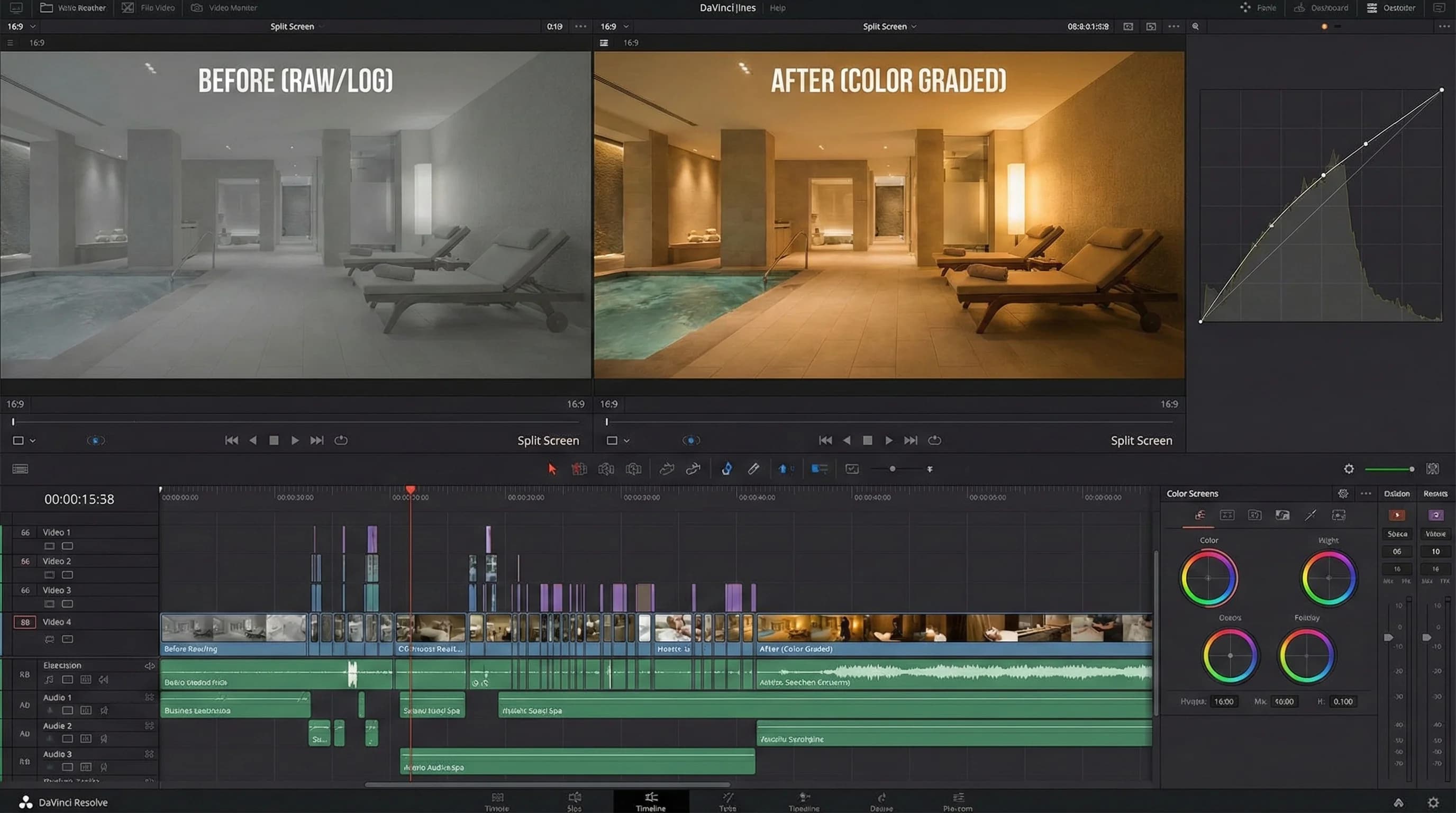 Timeline ekranı ve önce-sonra color grading örneğini gösteren görsel