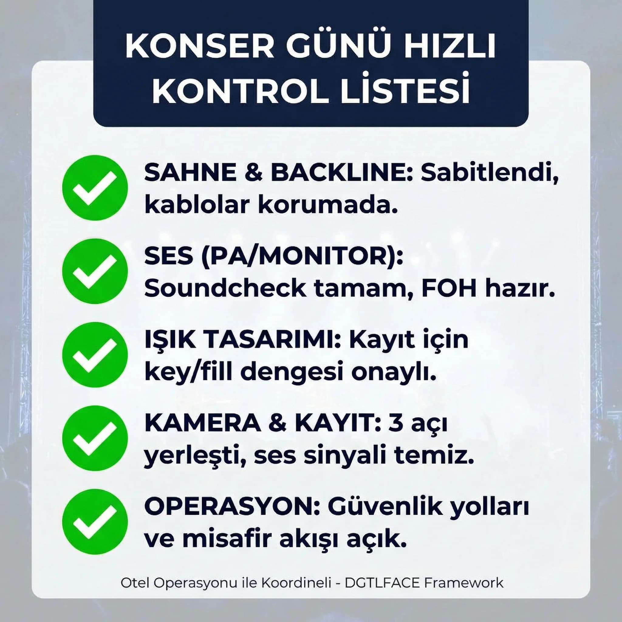 Konser günü hızlı kontrol listesi ve otel operasyon uyumu kartı