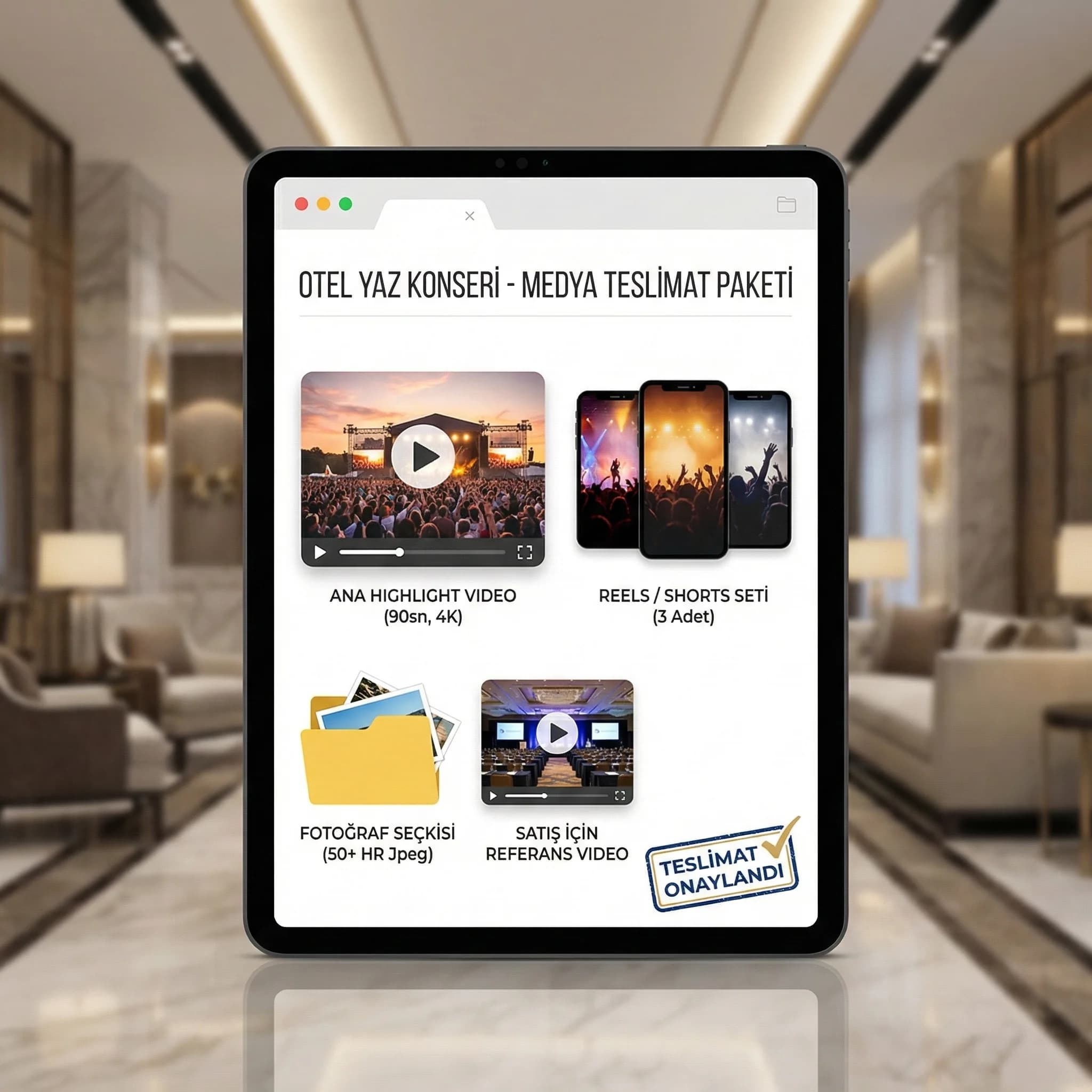 Highlight video reels foto ve referans video teslimat paketi otel bağlam