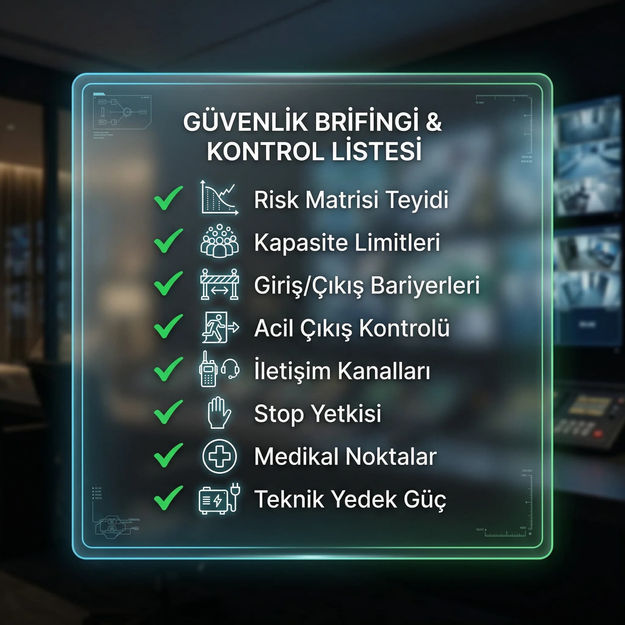 Etkinlik güvenlik briefing ve kontrol listesi checklist kartı otel etkinliği