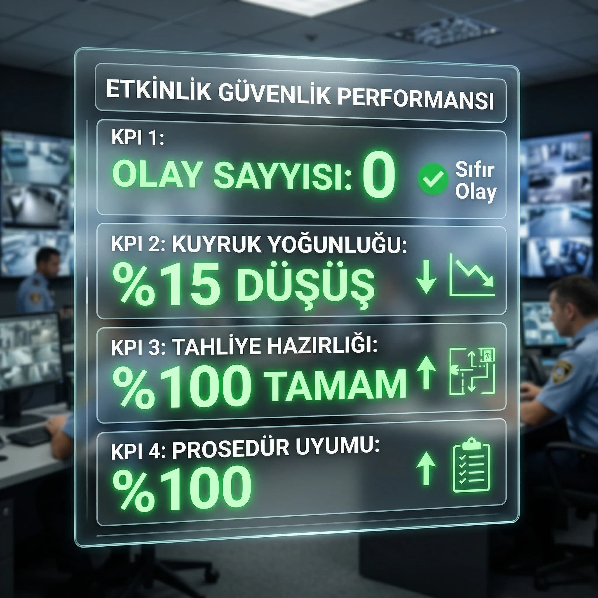 Olay riski, kuyruk taşması ve tahliye hazırlığını izleyen KPI kartı otel