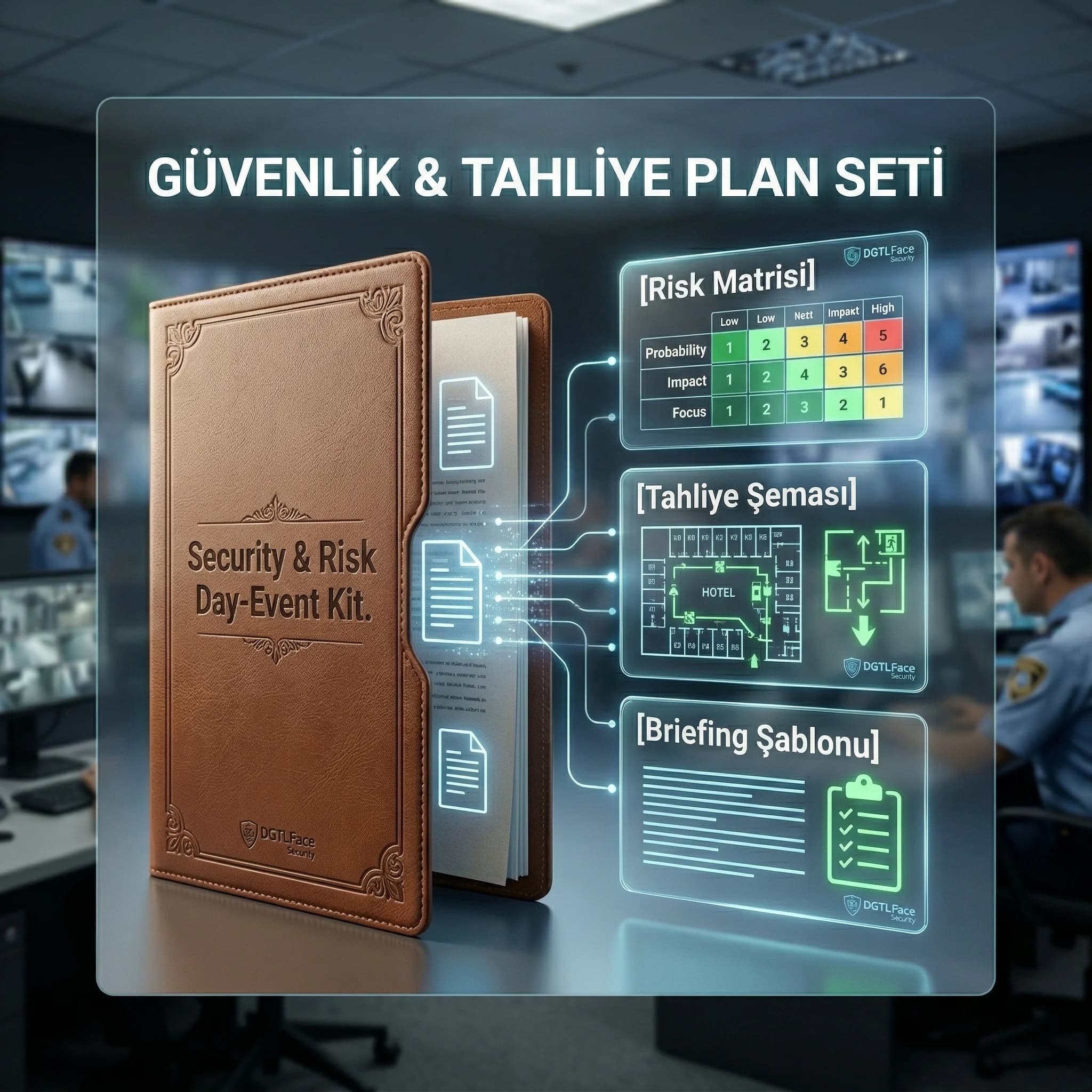 Risk matrisi, tahliye şeması ve briefing şablonu deliverables proof kartı otel