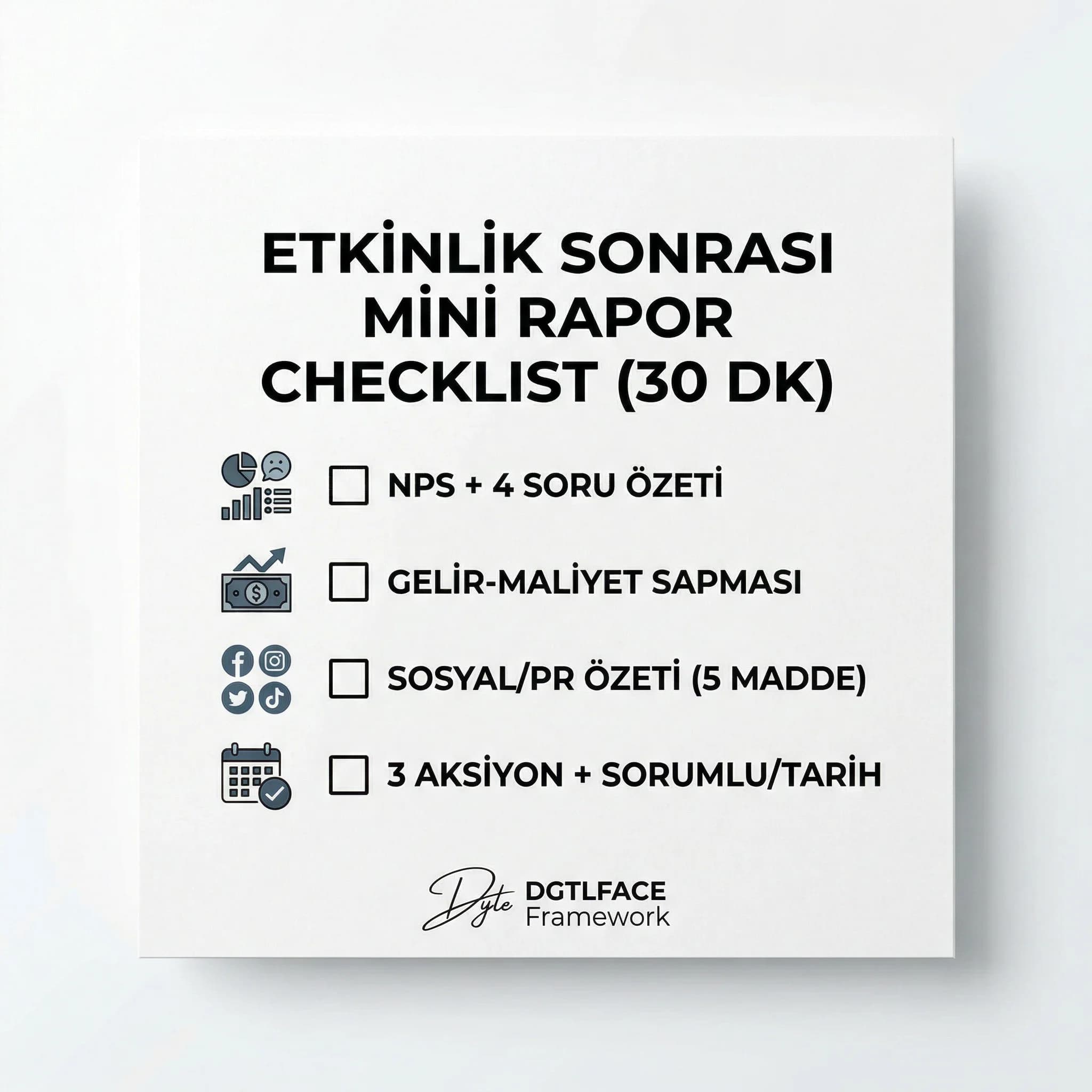 Etkinlik sonrası mini rapor ve aksiyon checklist kartı otel etkinliği