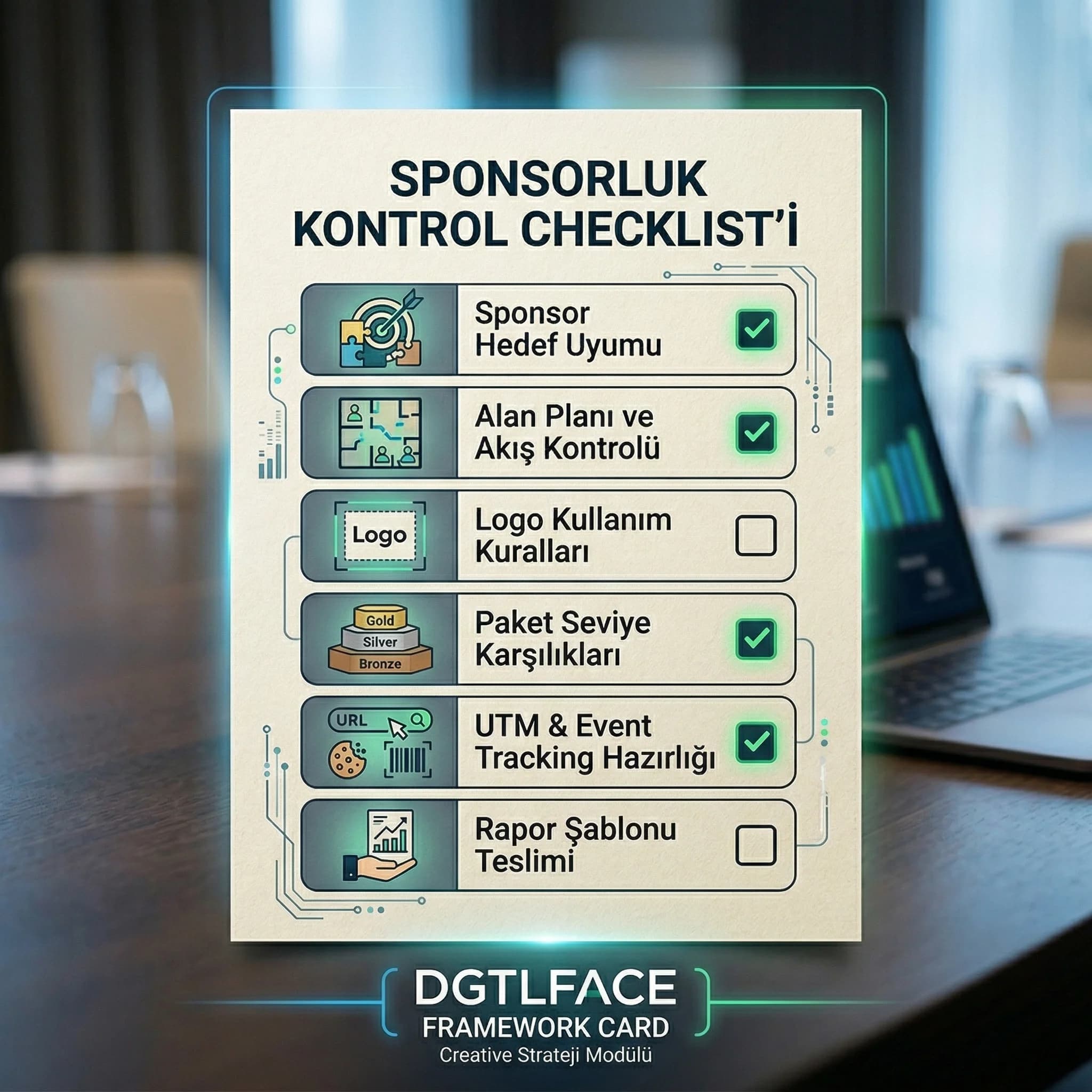 Sponsorluk paket ve logo yerleşimi kontrol checklist kartı otel etkinliği