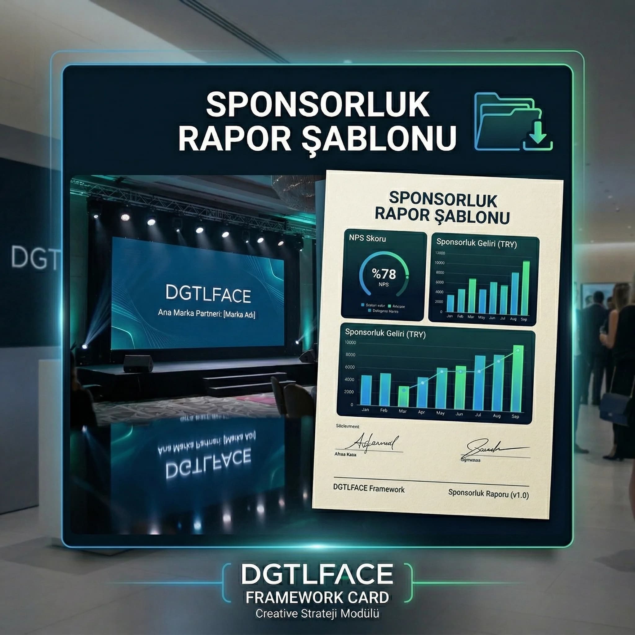 Sponsorluk raporu örnek sayfa ve logolu sahne ekranı proof kartı otel