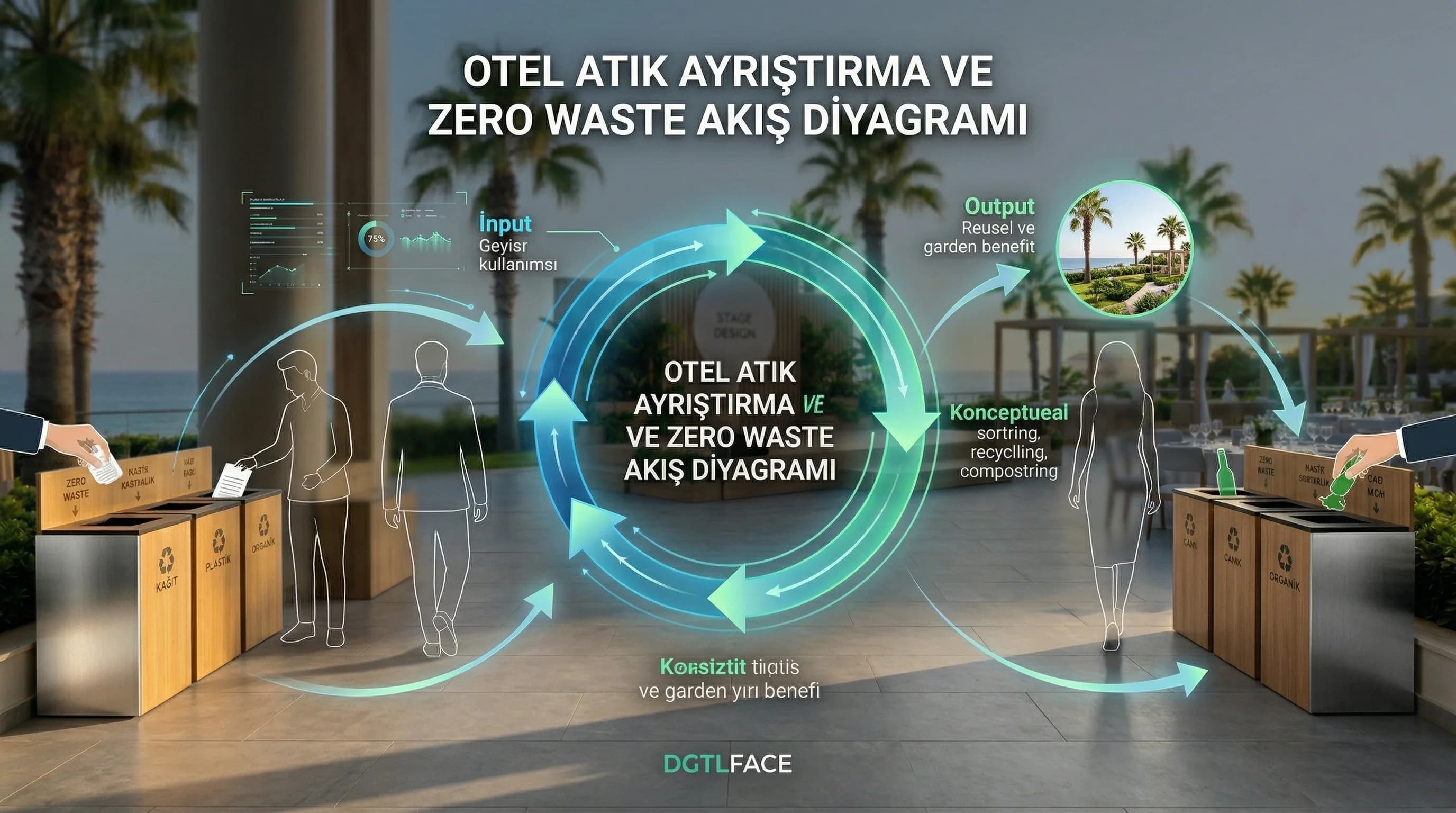 Atık ayrıştırma istasyonu ve zero waste akış diyagramı otel bağlamı