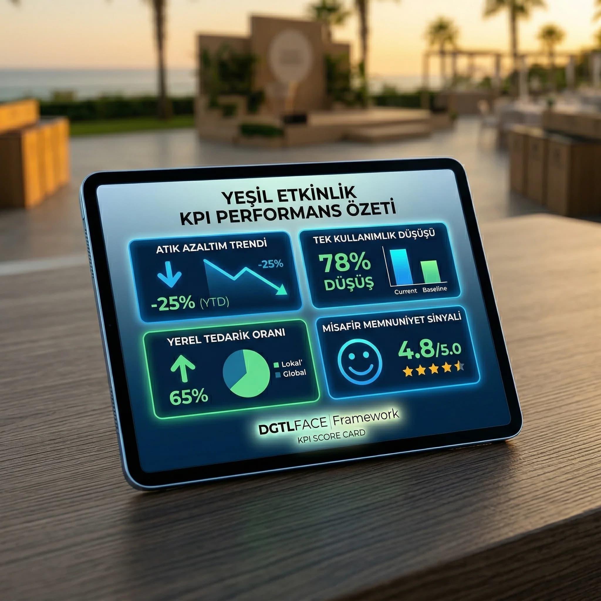 Atık, baskı ve yerel tedarik gibi yeşil etkinlik KPI kartı otel bağlamı
