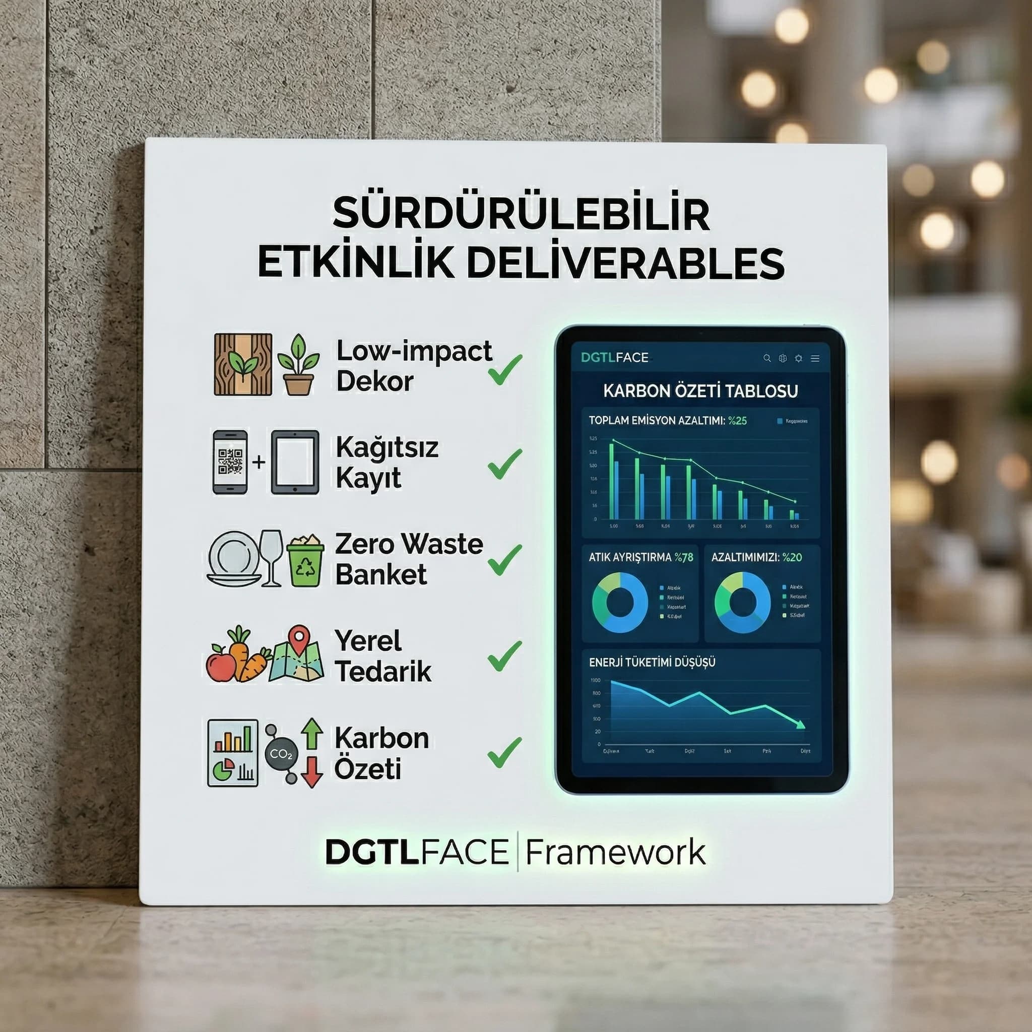 Sürdürülebilir etkinlik checklist ve karbon özeti deliverables kartı otel için