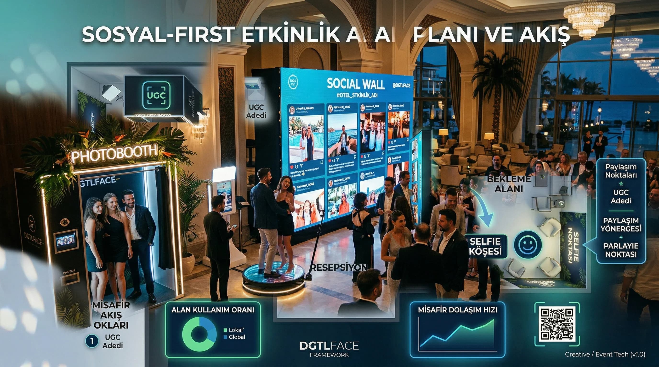Booth alanı yerleşimi ve kuyruk yönetimi akış diyagramı otel etkinliği