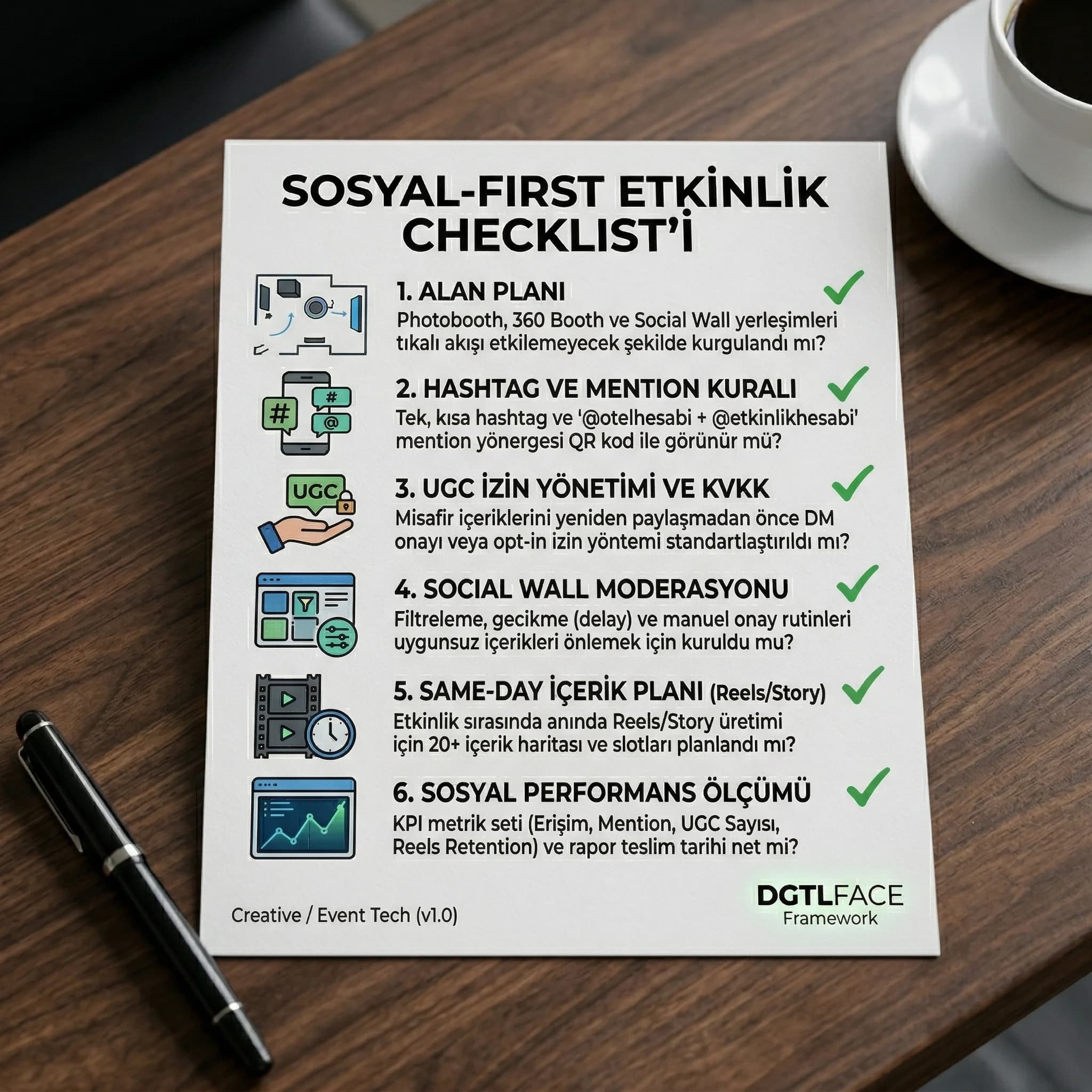 Sosyal-first etkinlik için hashtag ve UGC kontrol checklist kartı otel