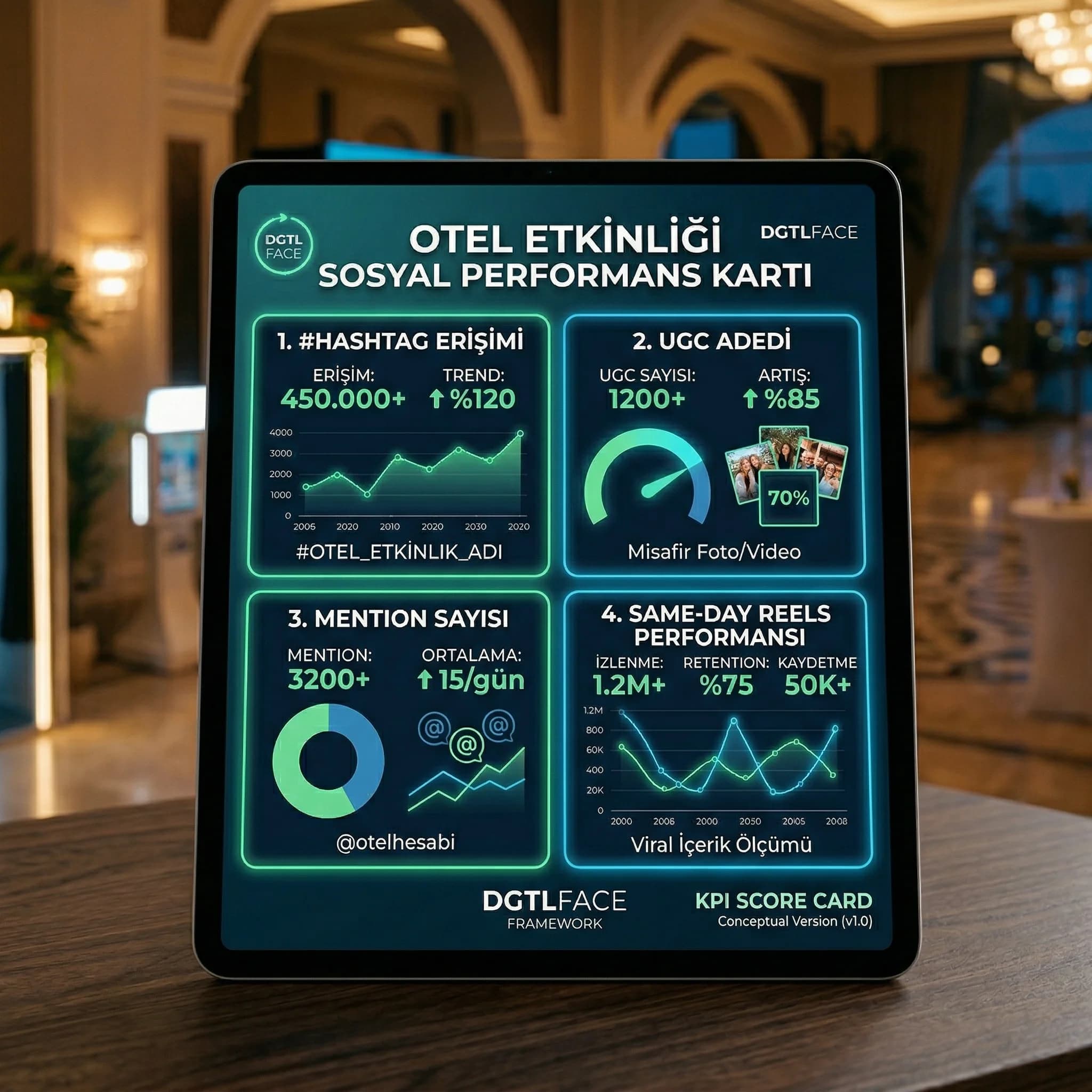 Hashtag erişimi, UGC adedi ve Reels performansı KPI kartı otel etkinliği