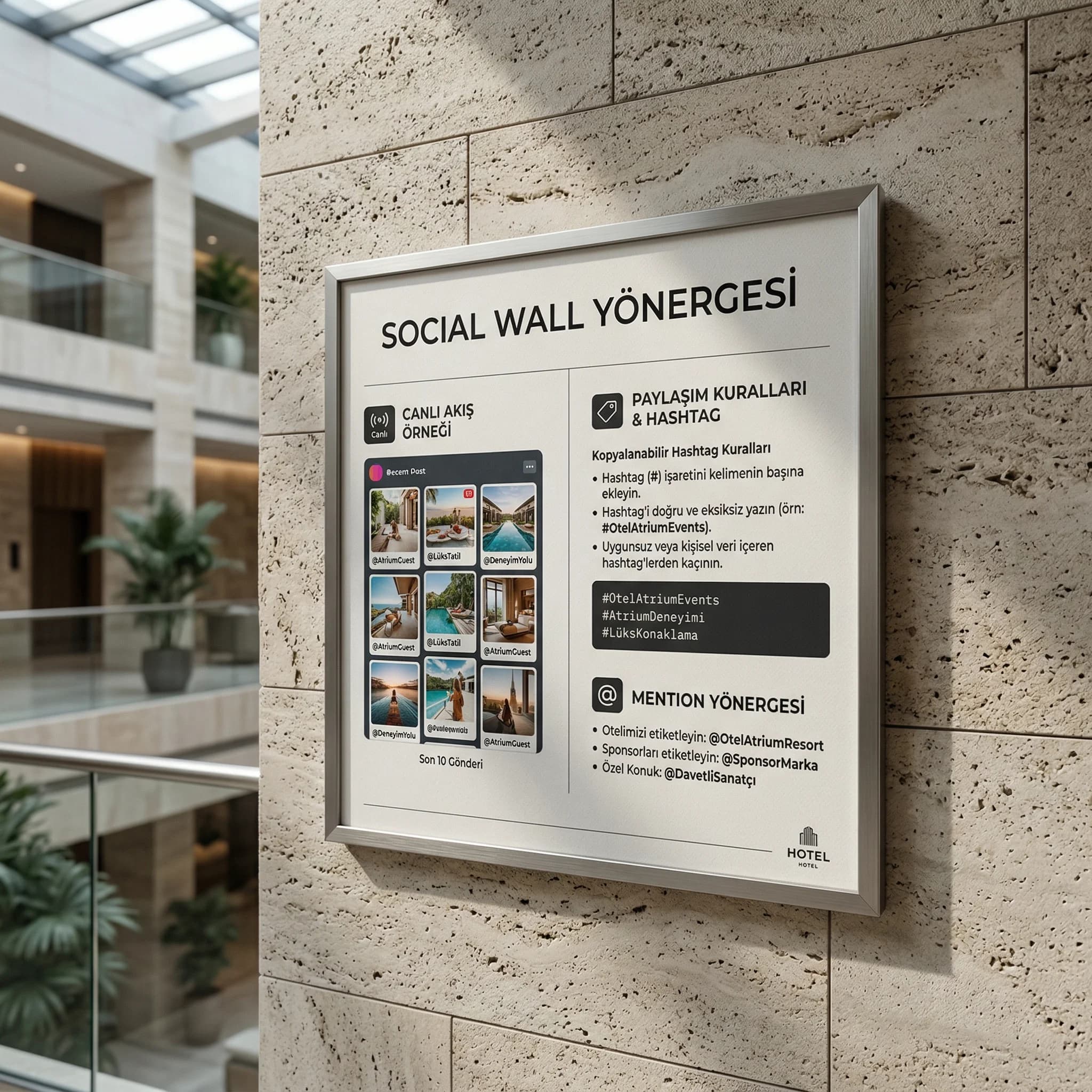 Social wall arayüzü ve kopyalanabilir hashtag yönergesi proof kartı