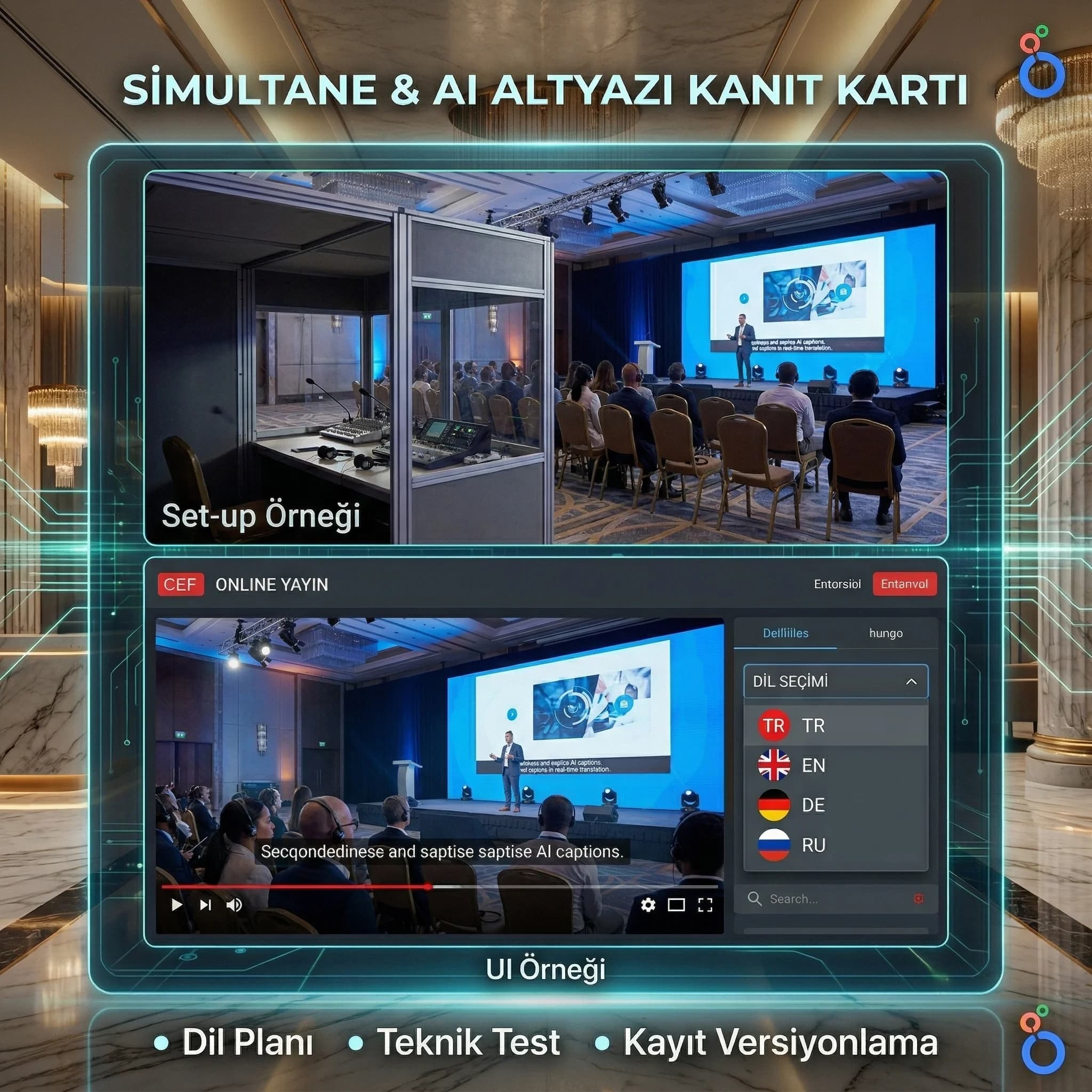 Simultane kabin set-up ve AI altyazı arayüz örneklerini gösteren proof kartı