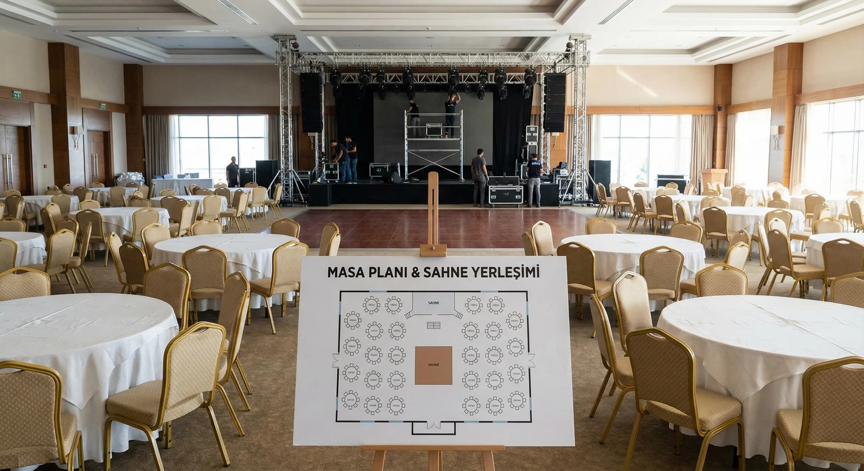 Banket salonunda masa düzeni ve sahne/dans alanı bağlamını gösteren context görseli