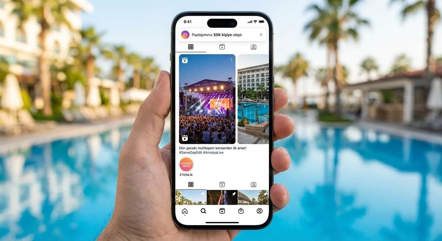 Aynı gün yayınlanan highlight ve reels paketini gösteren proof kartı otel bağlamı