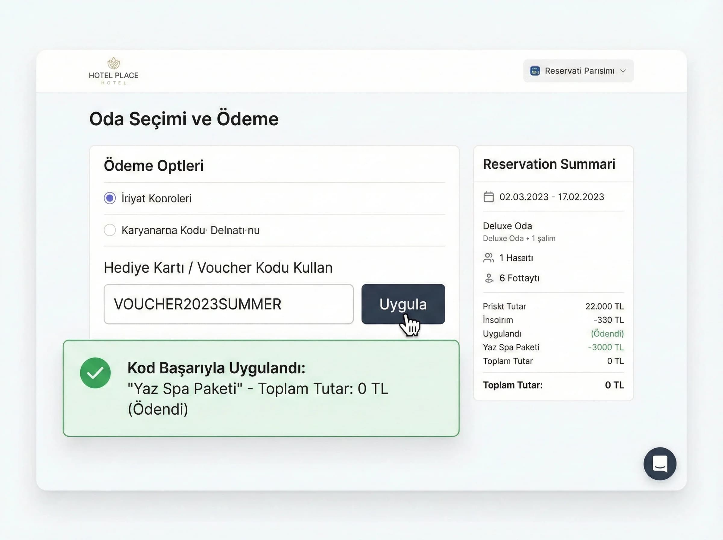 Voucher kodu kullanım ekranı, booking engine entegrasyonu otel bağlamı