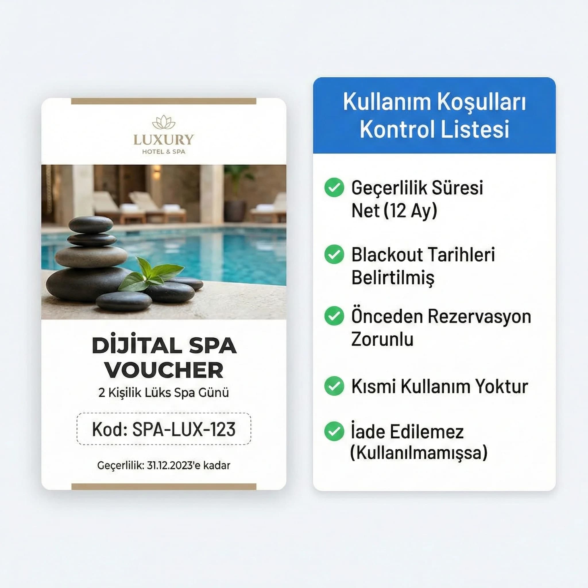 Kullanım koşulları checklist’i, voucher deneyimi otel bağlamı