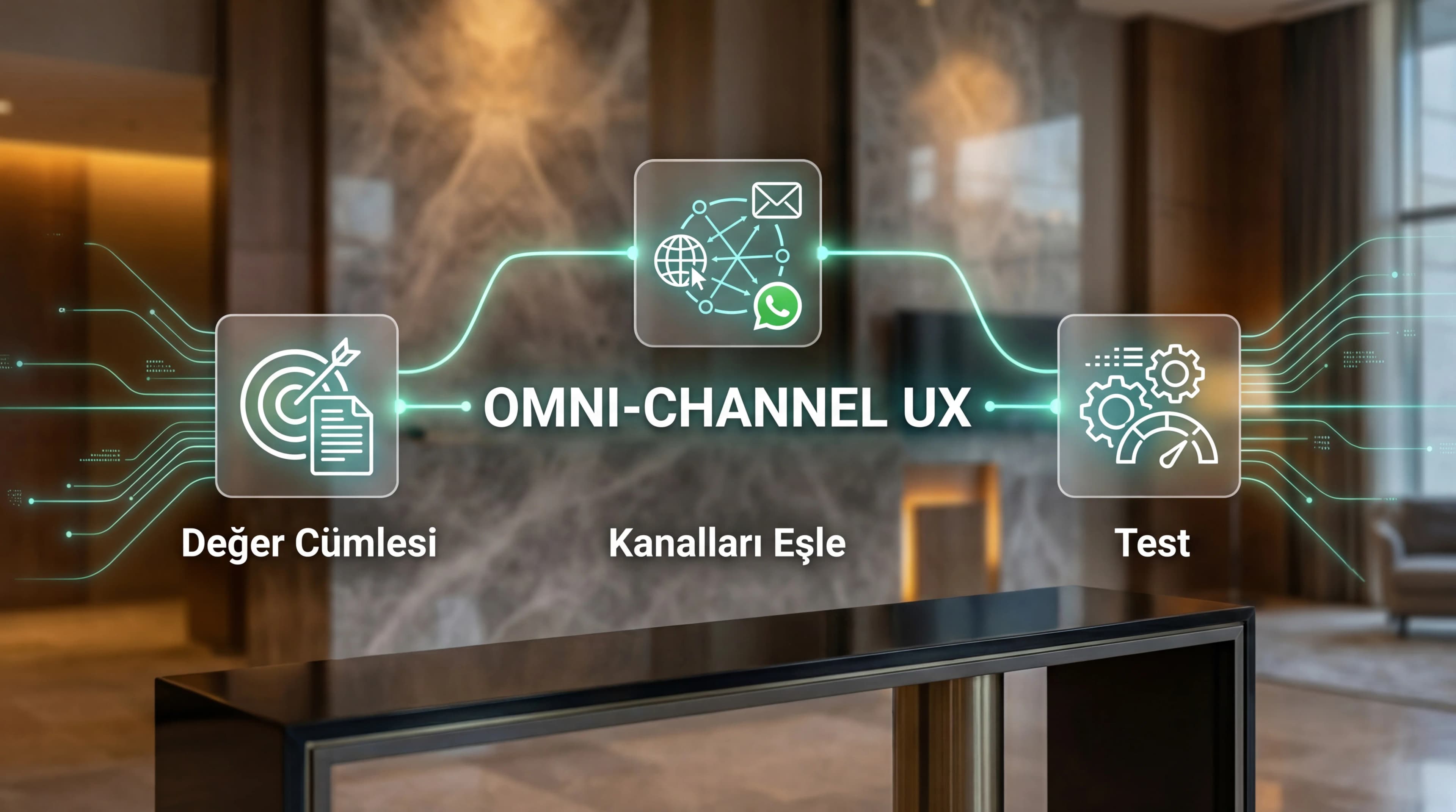 Web–e-posta–WhatsApp–on-property hediye akış şeması, otel bağlamı