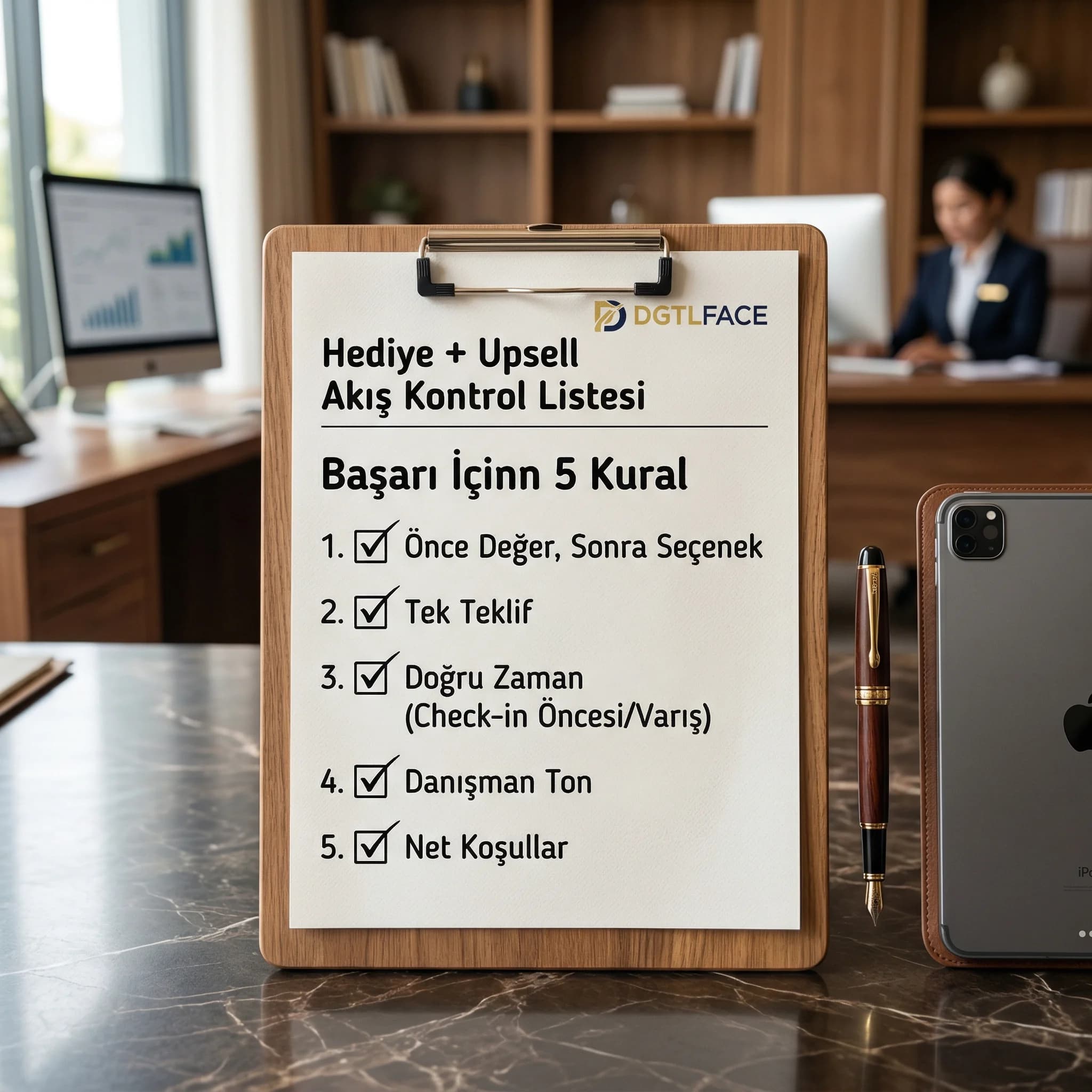 Hediye + upsell akışı checklist’i, otel bağlamı