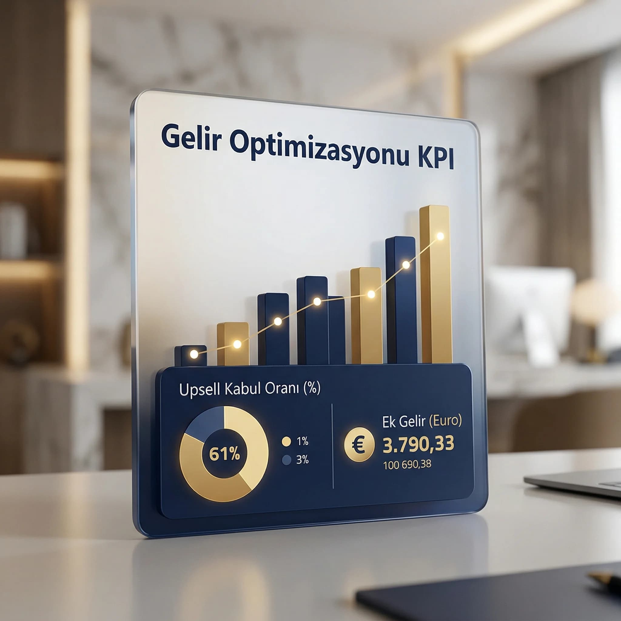 Upsell kabul/ret oranı ve ek gelir KPI grafiği, otel bağlamı