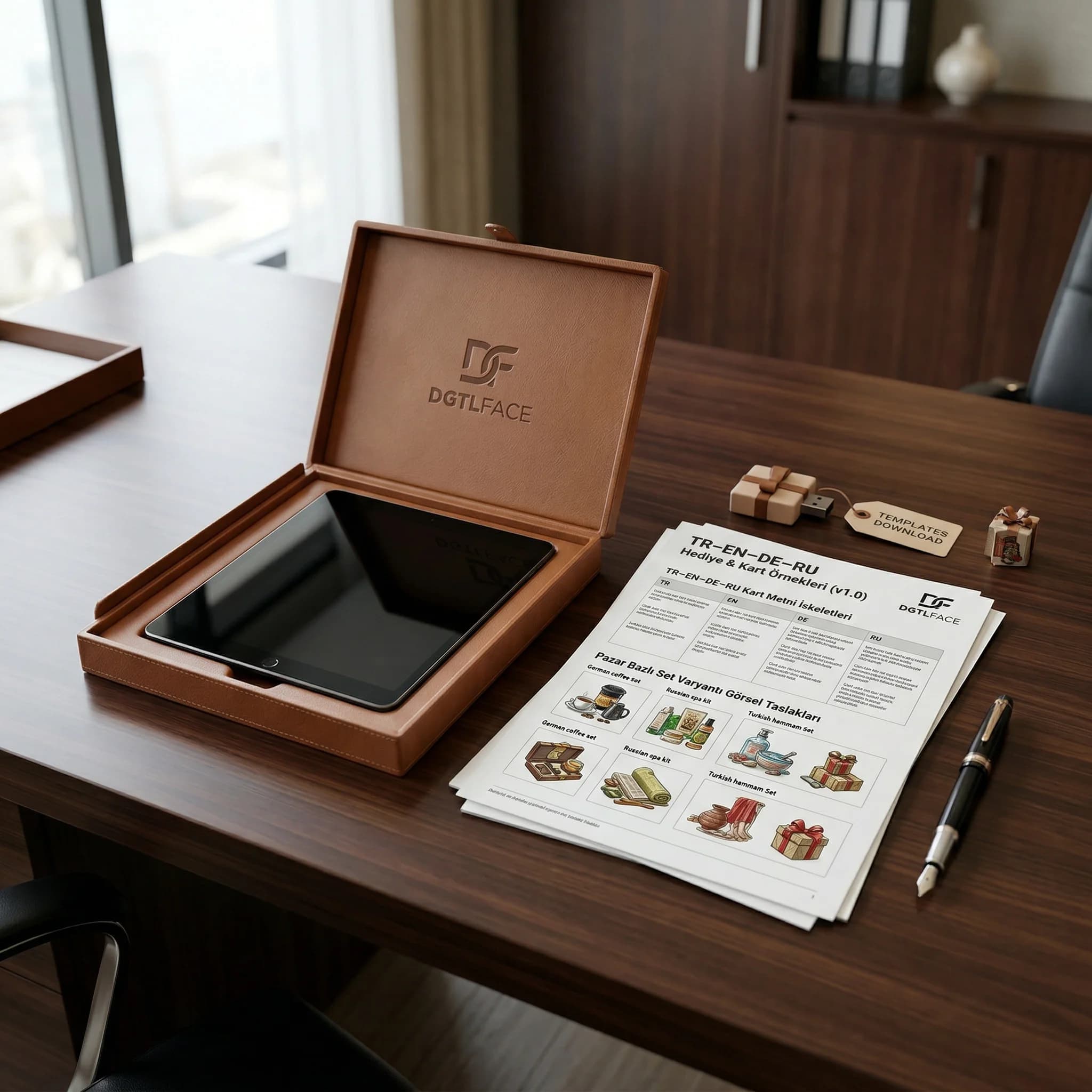 TR EN DE RU hediye set mockup’ları, otel bağlamı