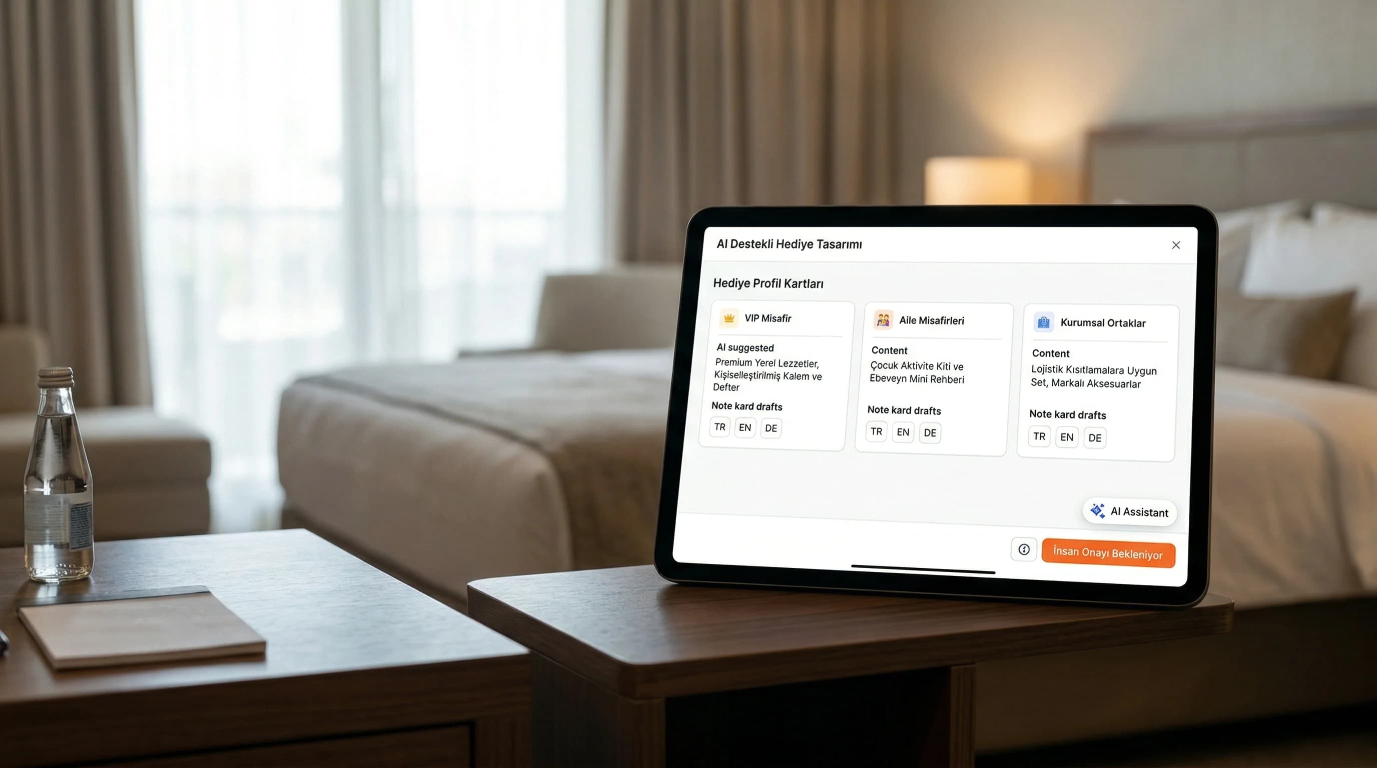 AI ekranı ve segment kartları, otel hediye bağlamı