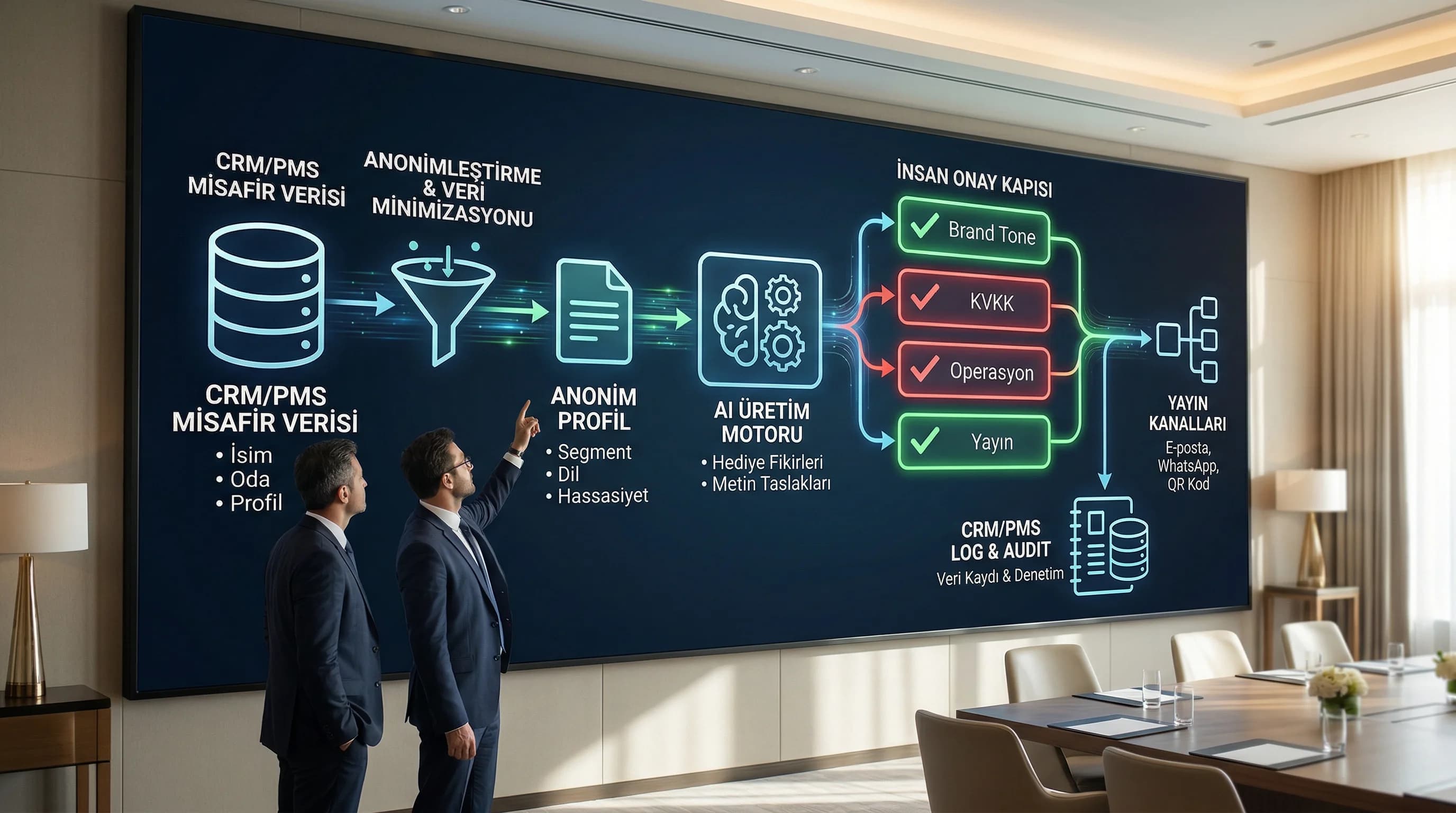 CRM/PMS’den anonim profile AI akışı, onay kapıları otel bağlamı