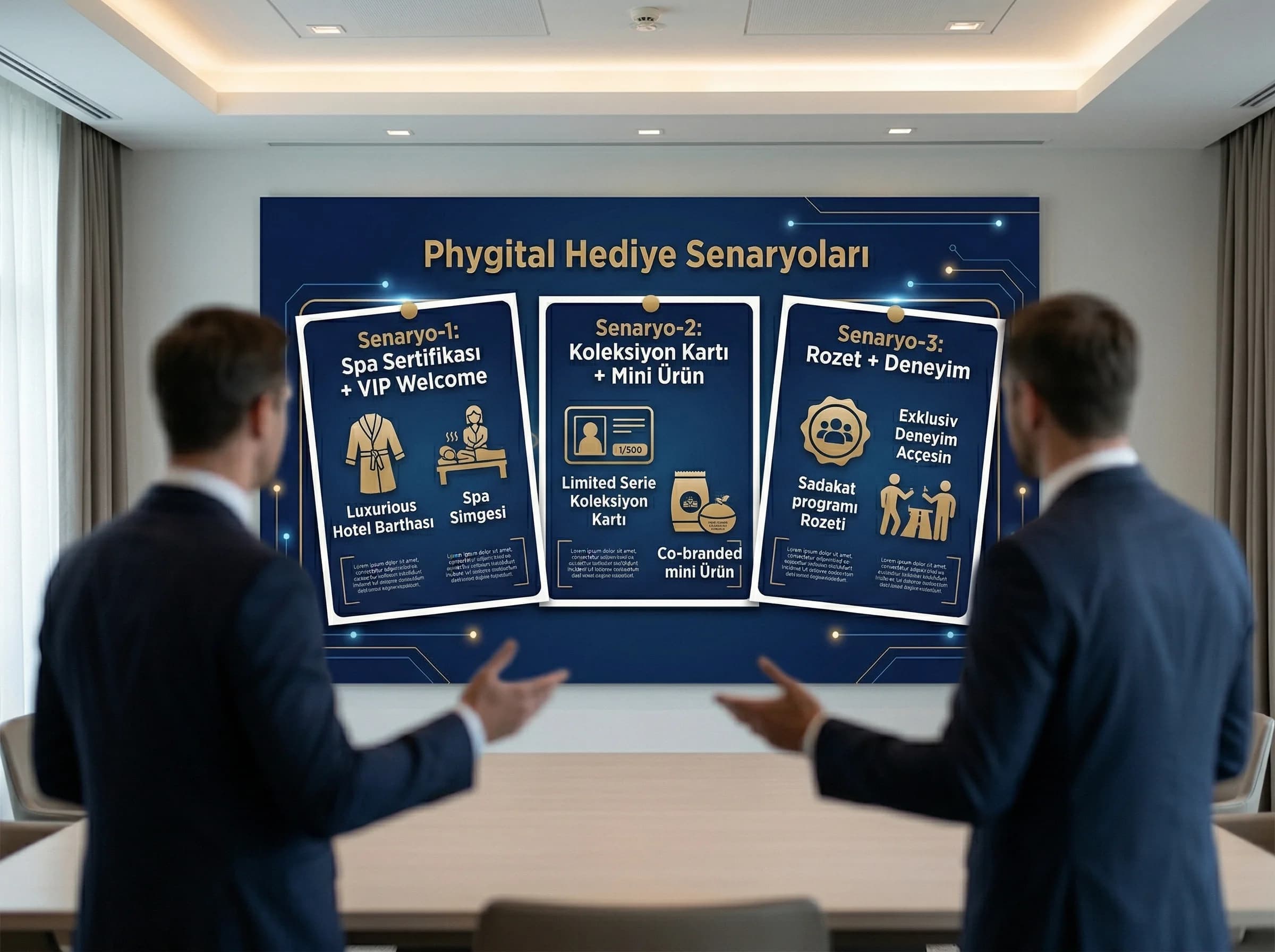 Basit phygital senaryo storyboard’u, otel bağlamı