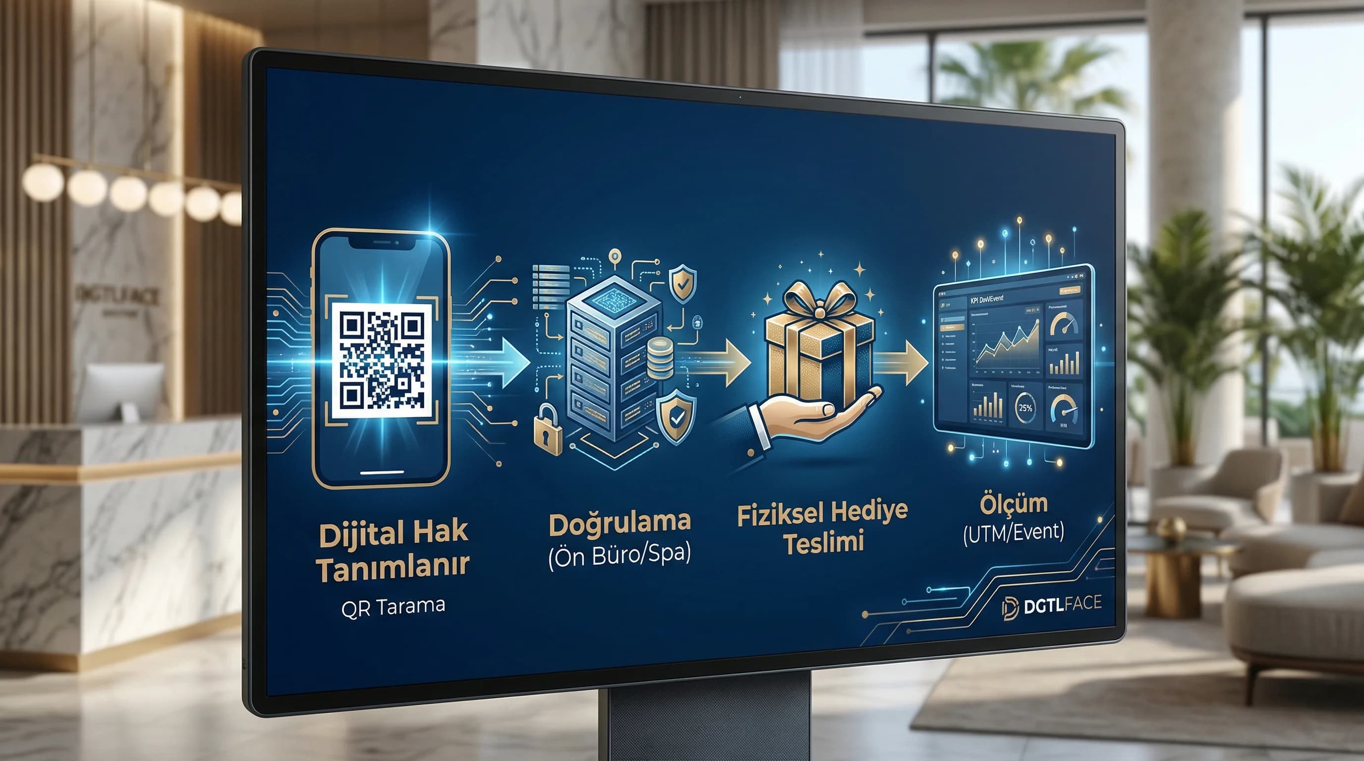 Dijital hak + fiziksel hediye flow diyagramı, otel bağlamı