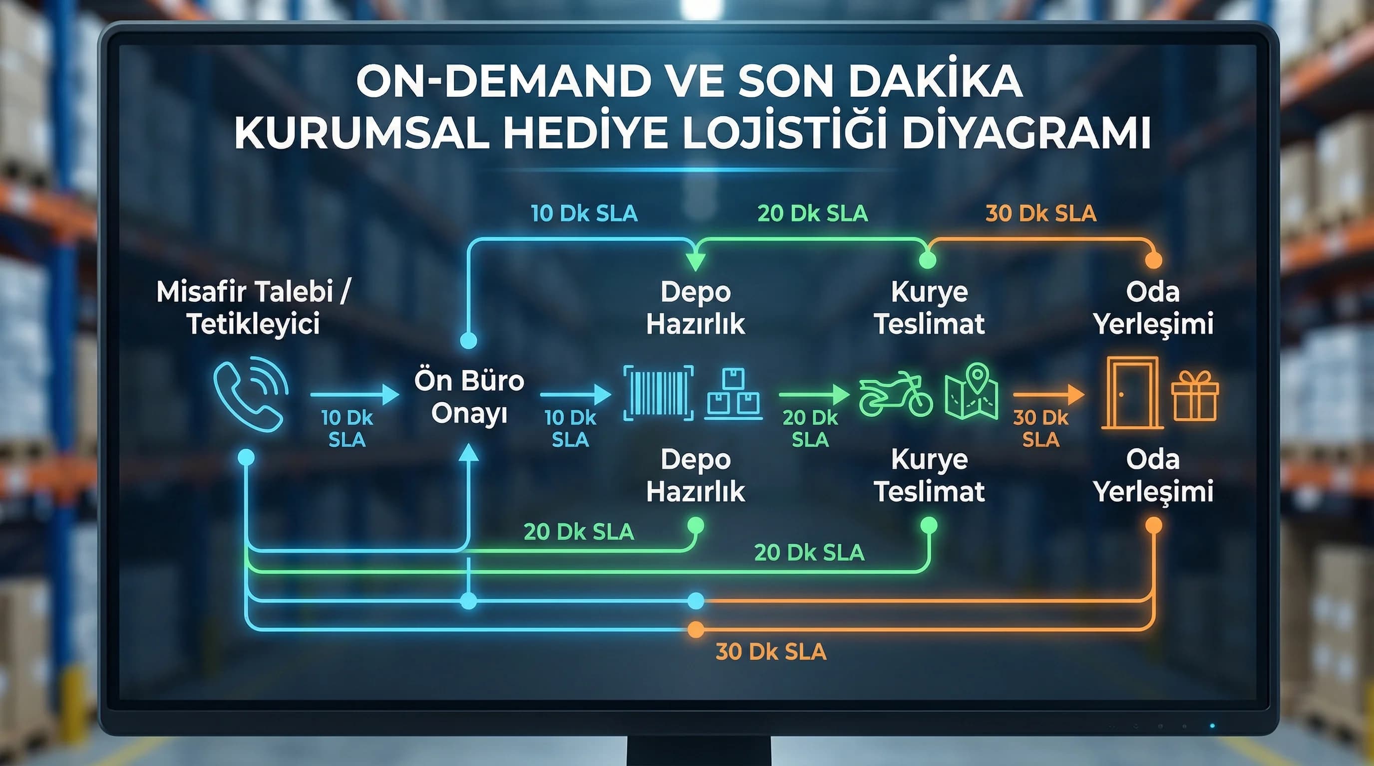 Siparişten odaya aynı gün teslim akış diyagramı, otel bağlamı