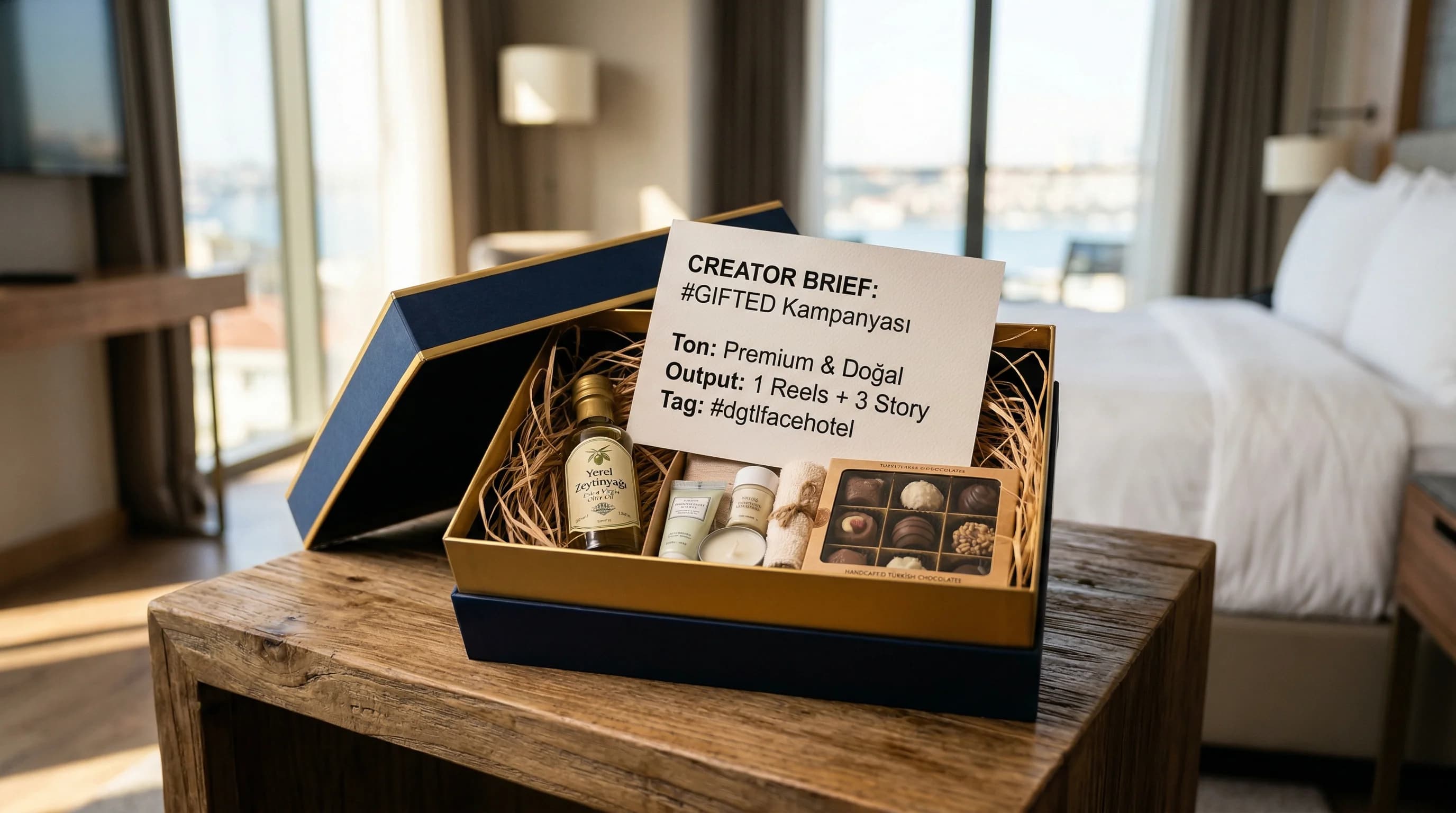 Creator brief kartı ve hediye konsepti, otel bağlamı