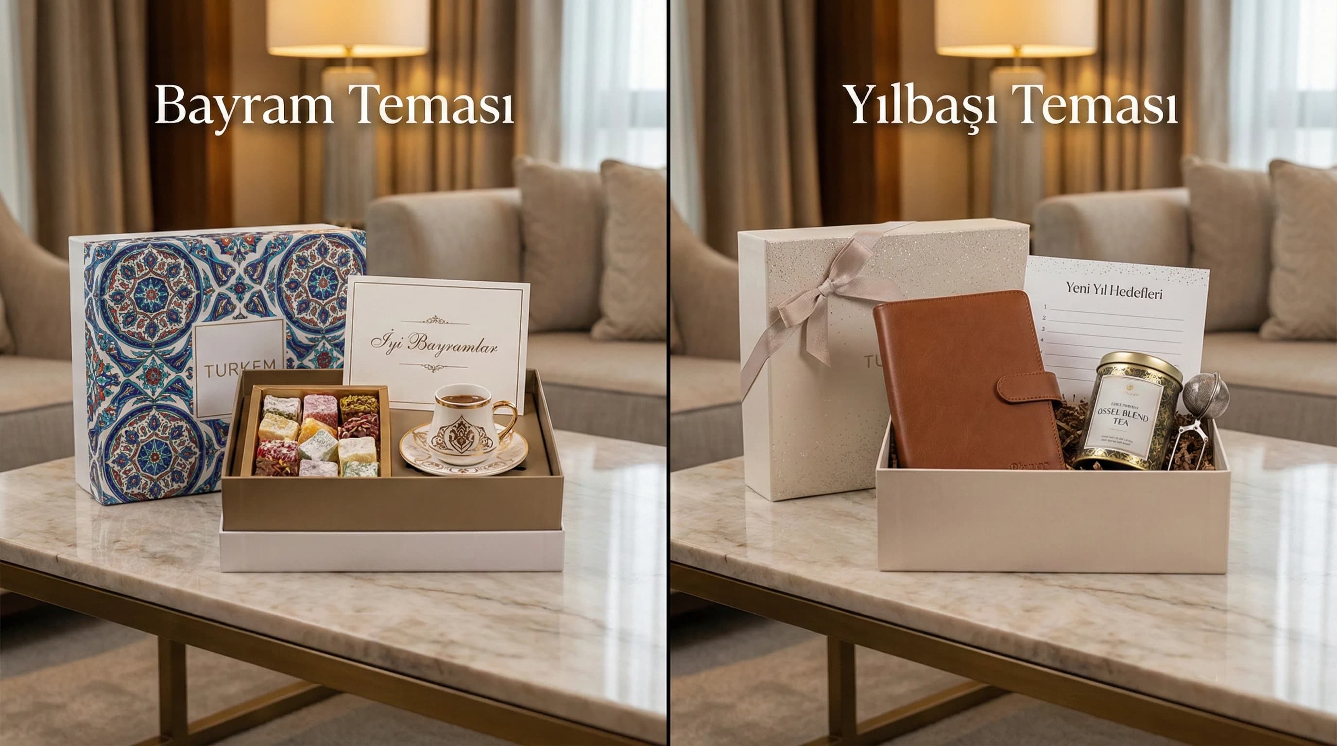Bayram ve yılbaşı hediye temaları, kutu örnekleri ve otel bağlamı
